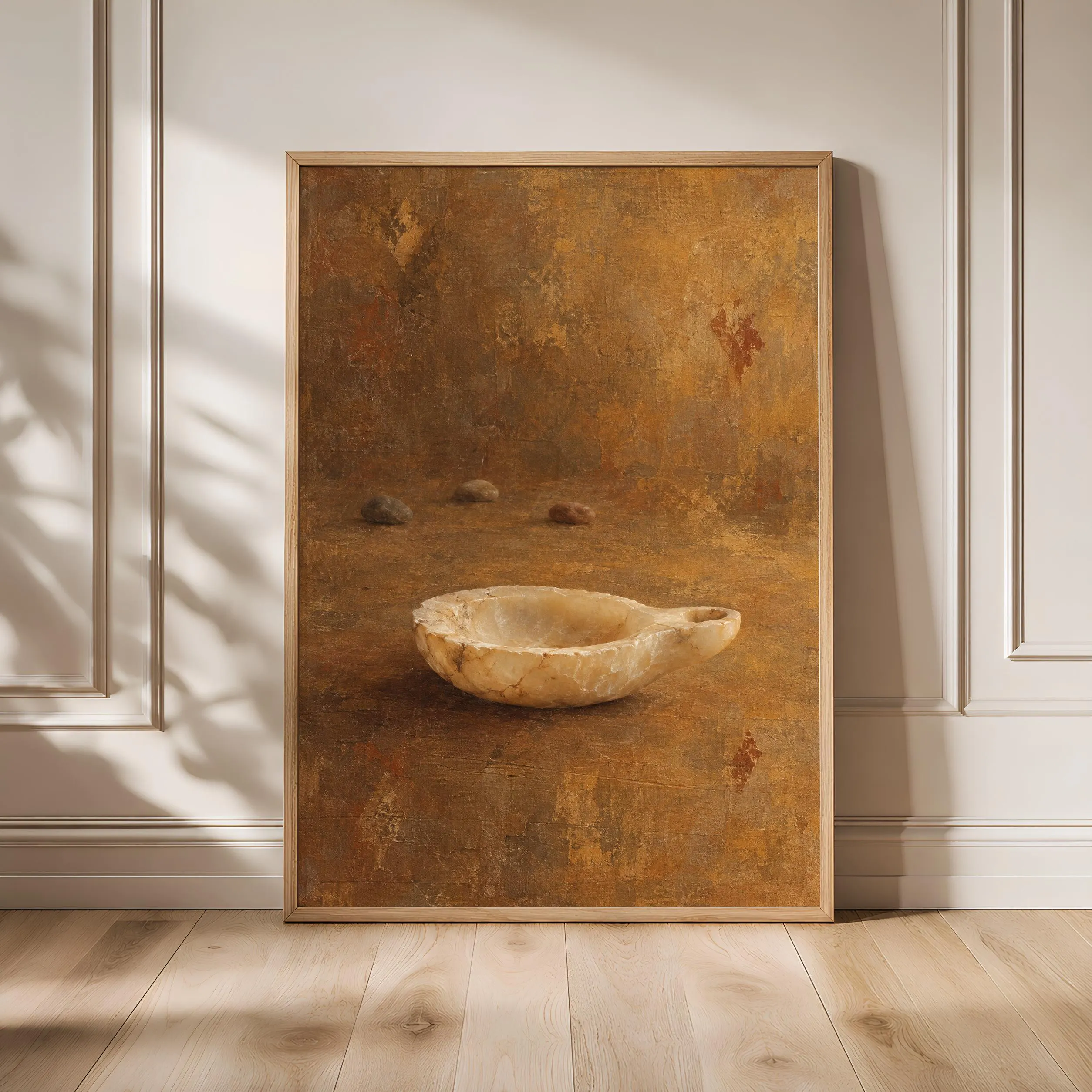 Alabaster Oil Lamp Wall Art, Vintage Antique Still Life Painting – Calm Wall Art by Artsify