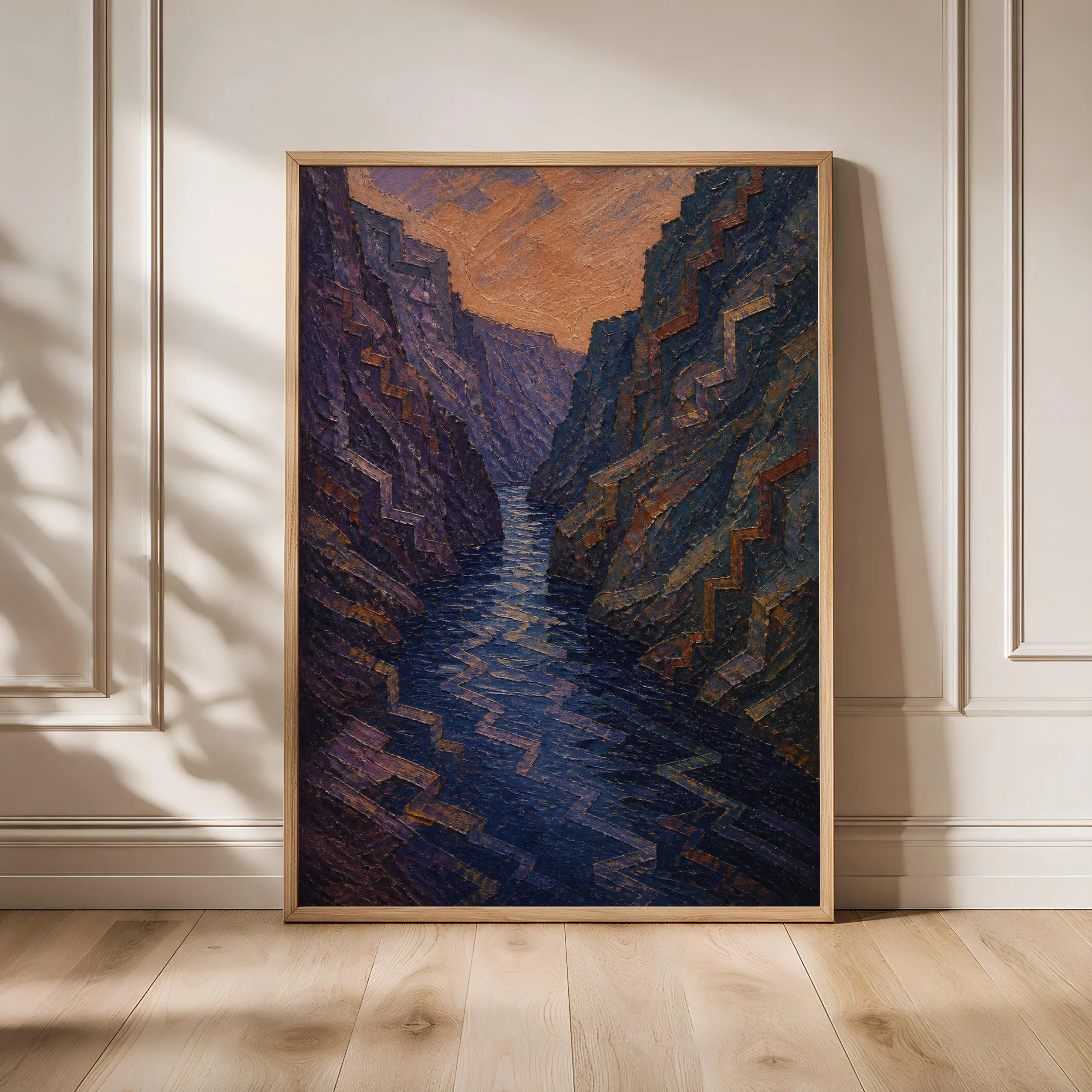 Indigo Canyon Wall Art, Dramatic Desert Gorge Painting, Dusk Purple Landscape Print – Calm Wall Art by Artsify