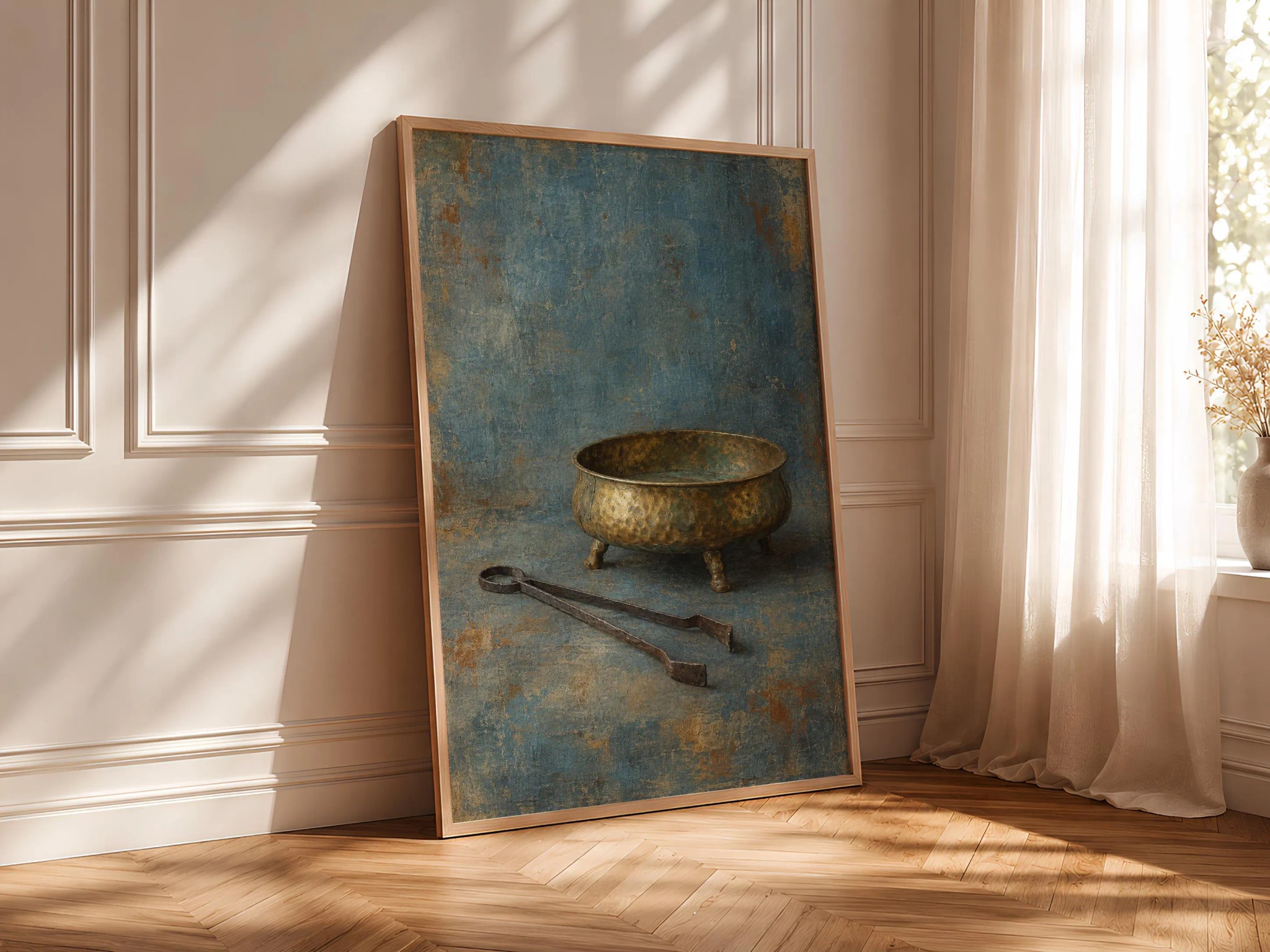 Antique Brass Brazier Wall Art, Rustic Old World Still Life Painting – Calm Wall Art by Artsify thumbnail 4