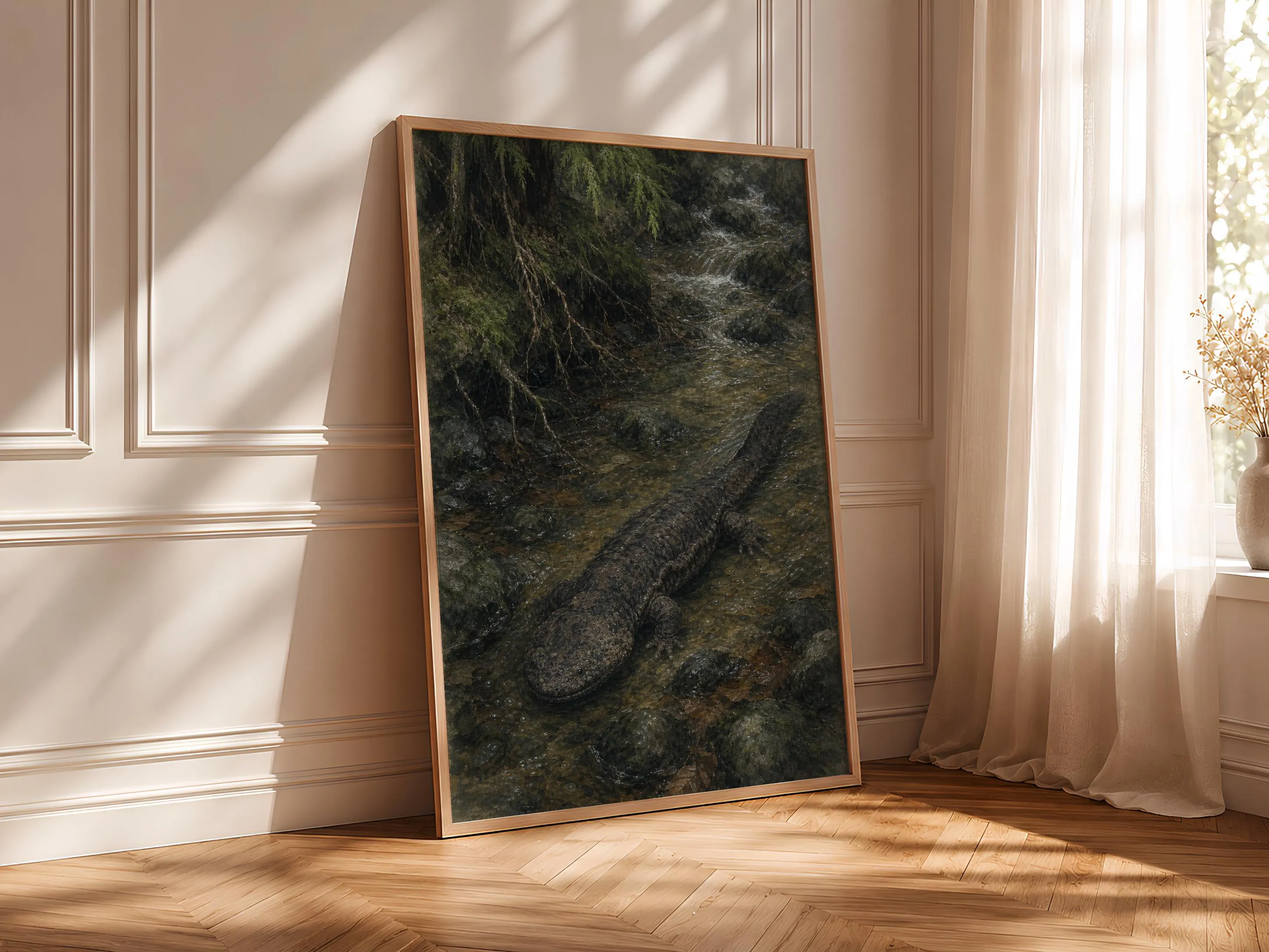 Giant Salamander Painting Print, Japanese Wildlife Wall Art, Forest Stream Poster, Woodland Nature Decor, Housewarming Gift – Calm Wall Art by Artsify thumbnail 4
