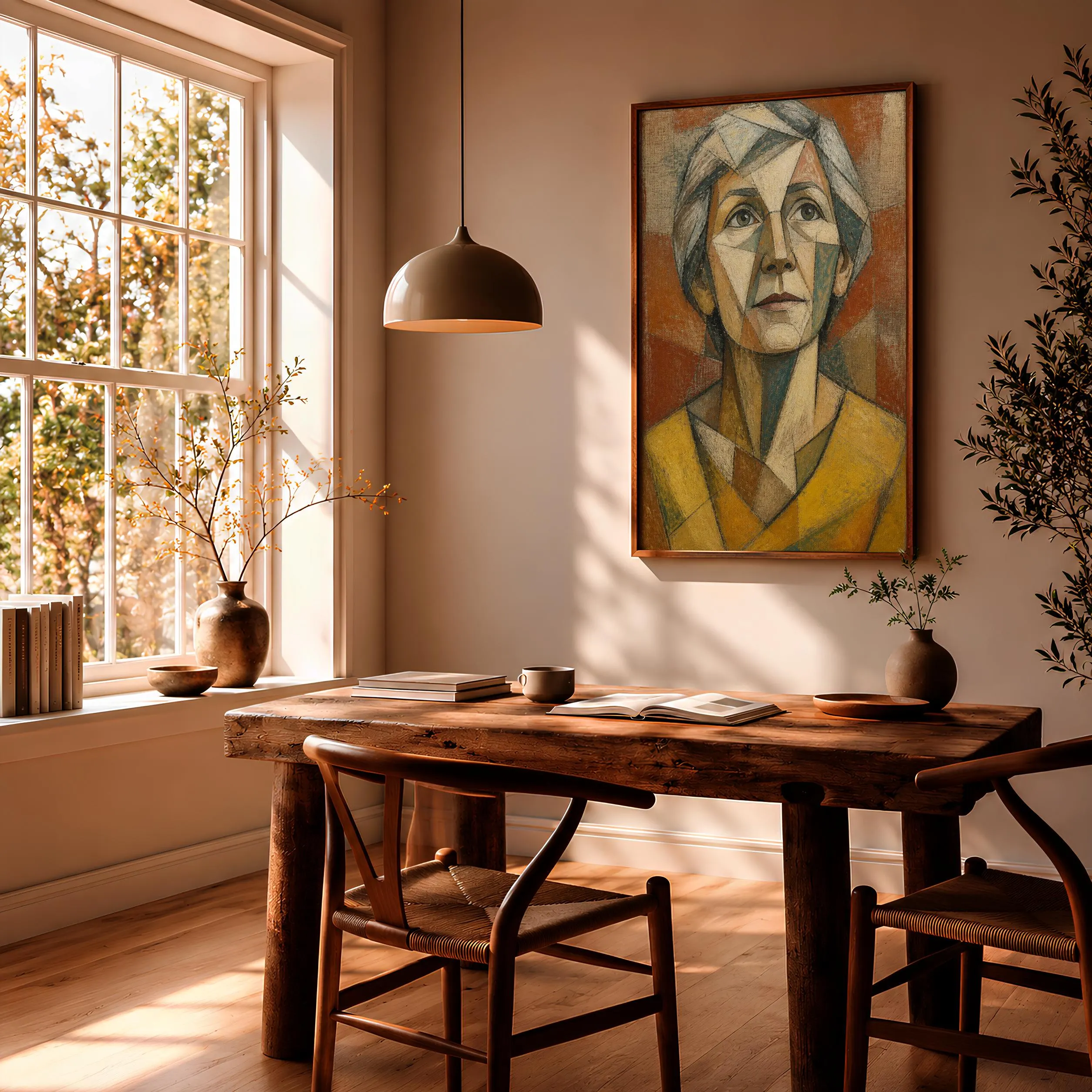 Silver Hair Cubist Portrait Print, Elder Woman Wall Art, Citron Geometric Face Decor – Calm Wall Art by Artsify thumbnail 2