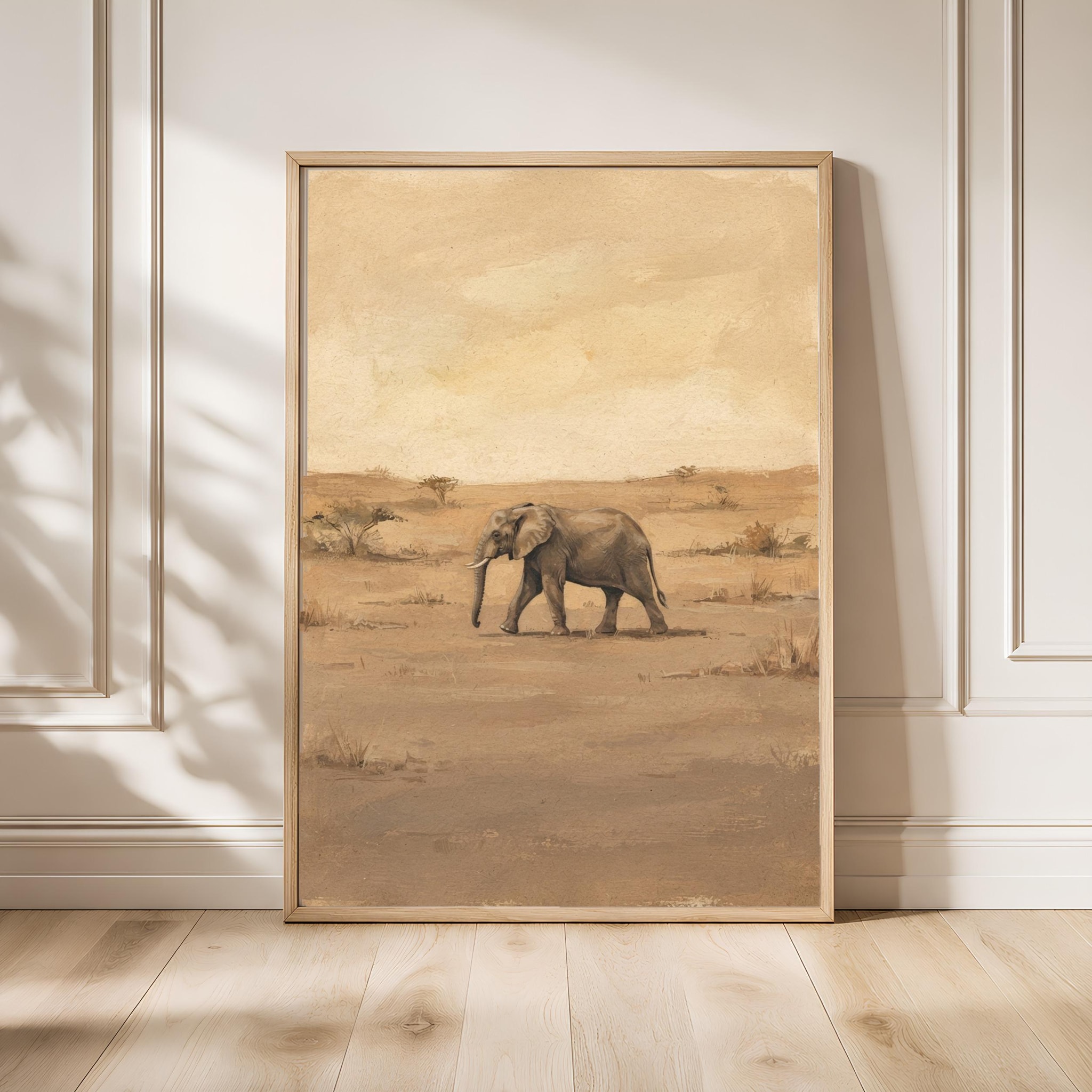 Elephant Wall Art, Taupe Minimalist Wildlife Painting, Vintage Safari Print, Housewarming Gift – Calm Wall Art by Artsify