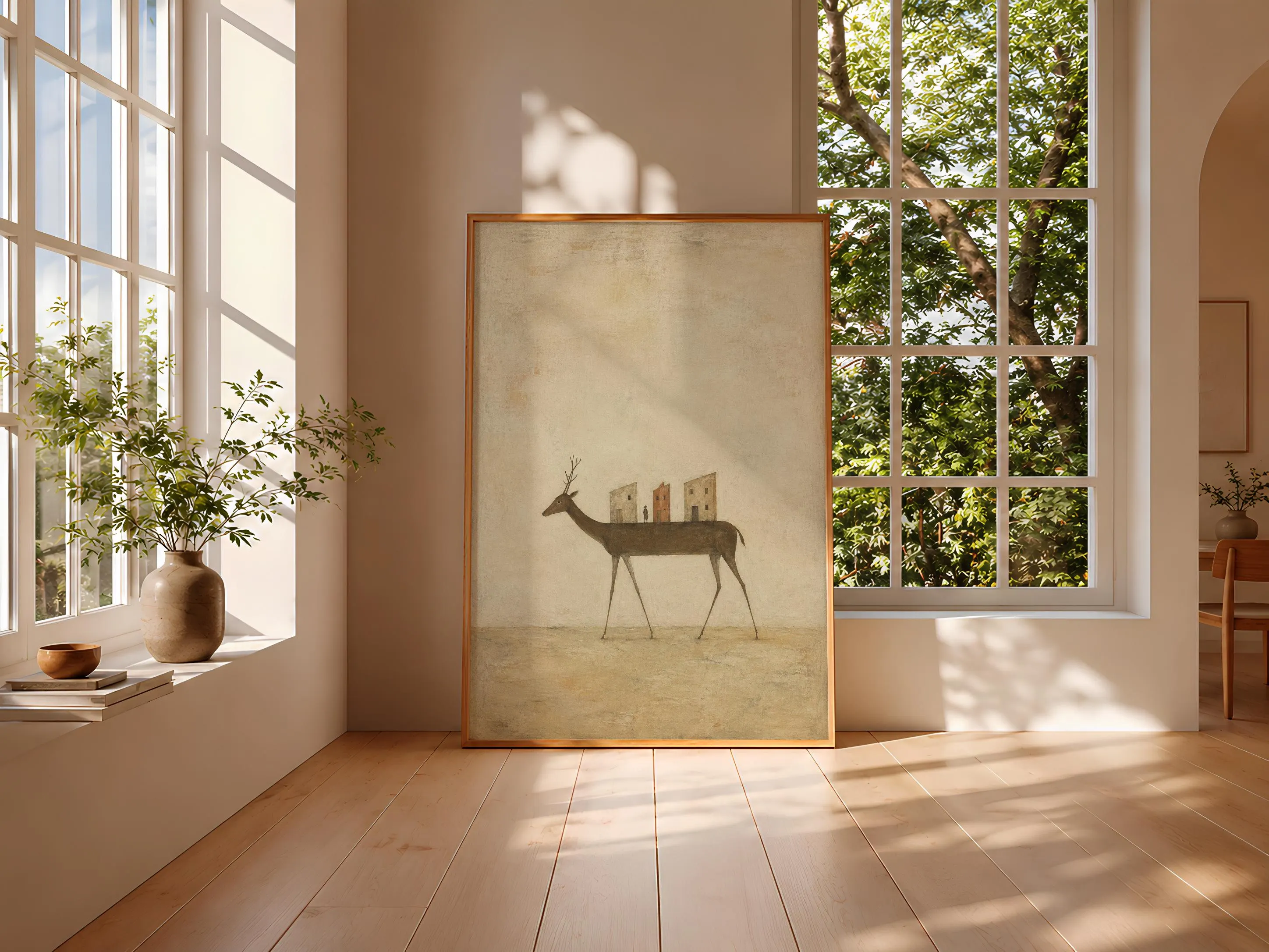 Deer Village Wall Art, Surreal Folk Animal Print, Desert Earth Tones – Calm Wall Art by Artsify thumbnail 3