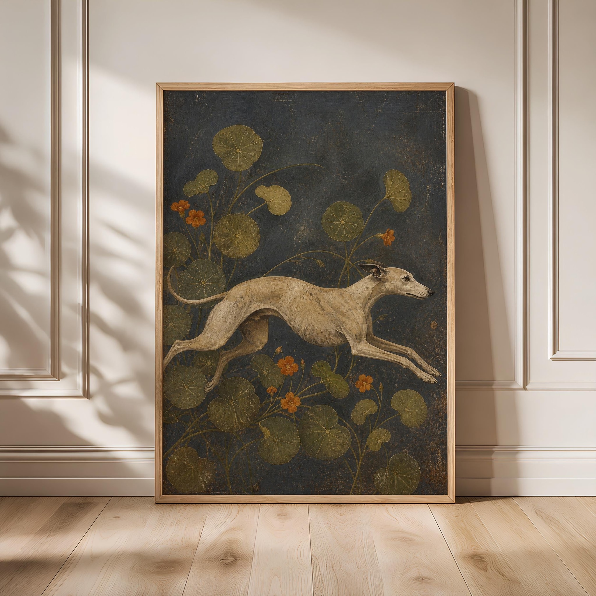Whippet Wall Art, Arts and Crafts Dog Painting, Vintage Nasturtium Animal Print – Calm Wall Art by Artsify