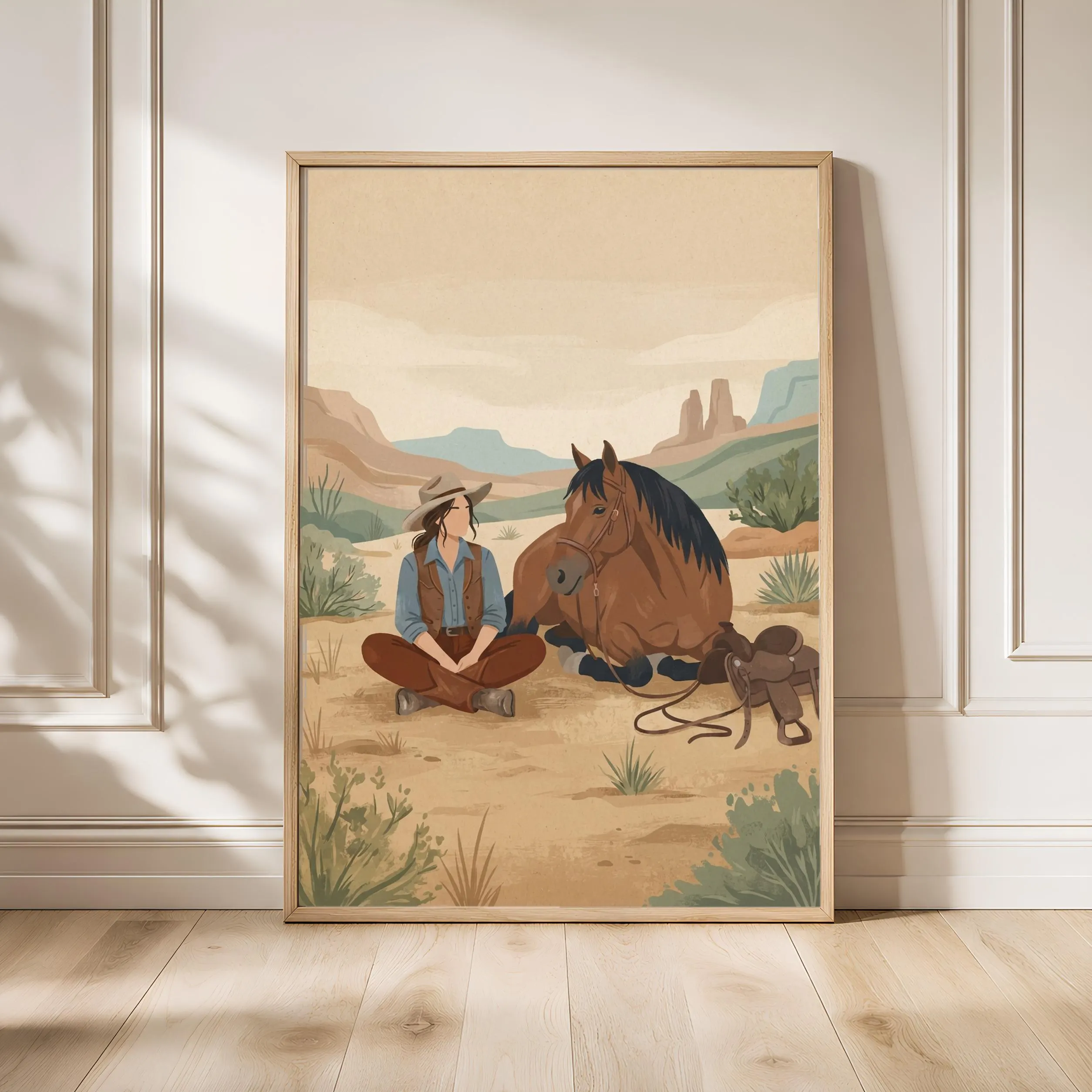 Cowgirl Resting Horse Print, Western Folk Art Poster, Sand Wall Art, Ranch Housewarming Gift – Calm Wall Art by Artsify