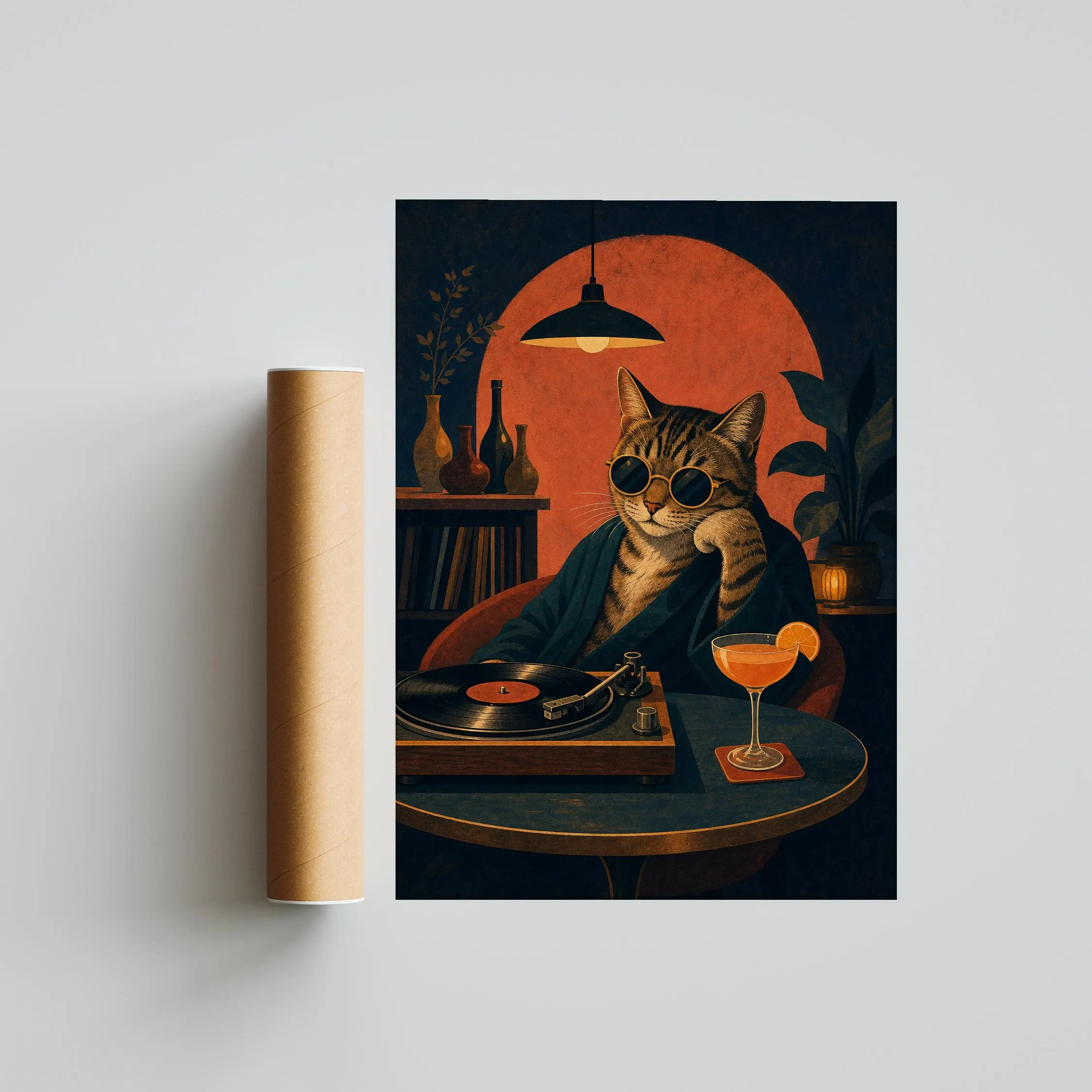 Retro Listening Bar Cat Art Print, Vinyl Record Poster, Mid Century Music Room Wall Art, Quirky Home Bar Decor, Housewarming Gift – Calm Wall Art by Artsify thumbnail 5