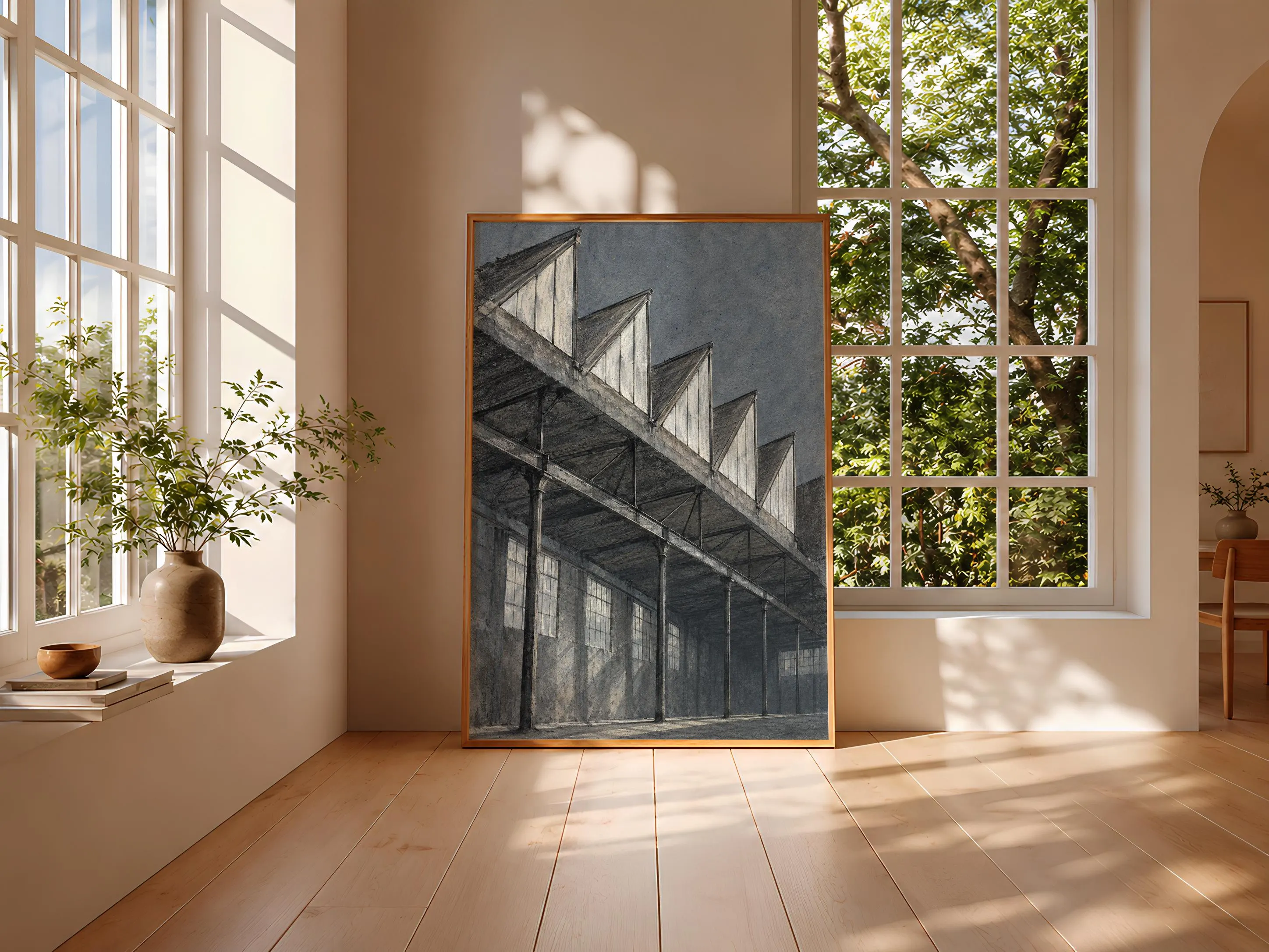 Sawtooth Factory Roof Wall Art, Industrial Architecture Painting – Calm Wall Art by Artsify thumbnail 3
