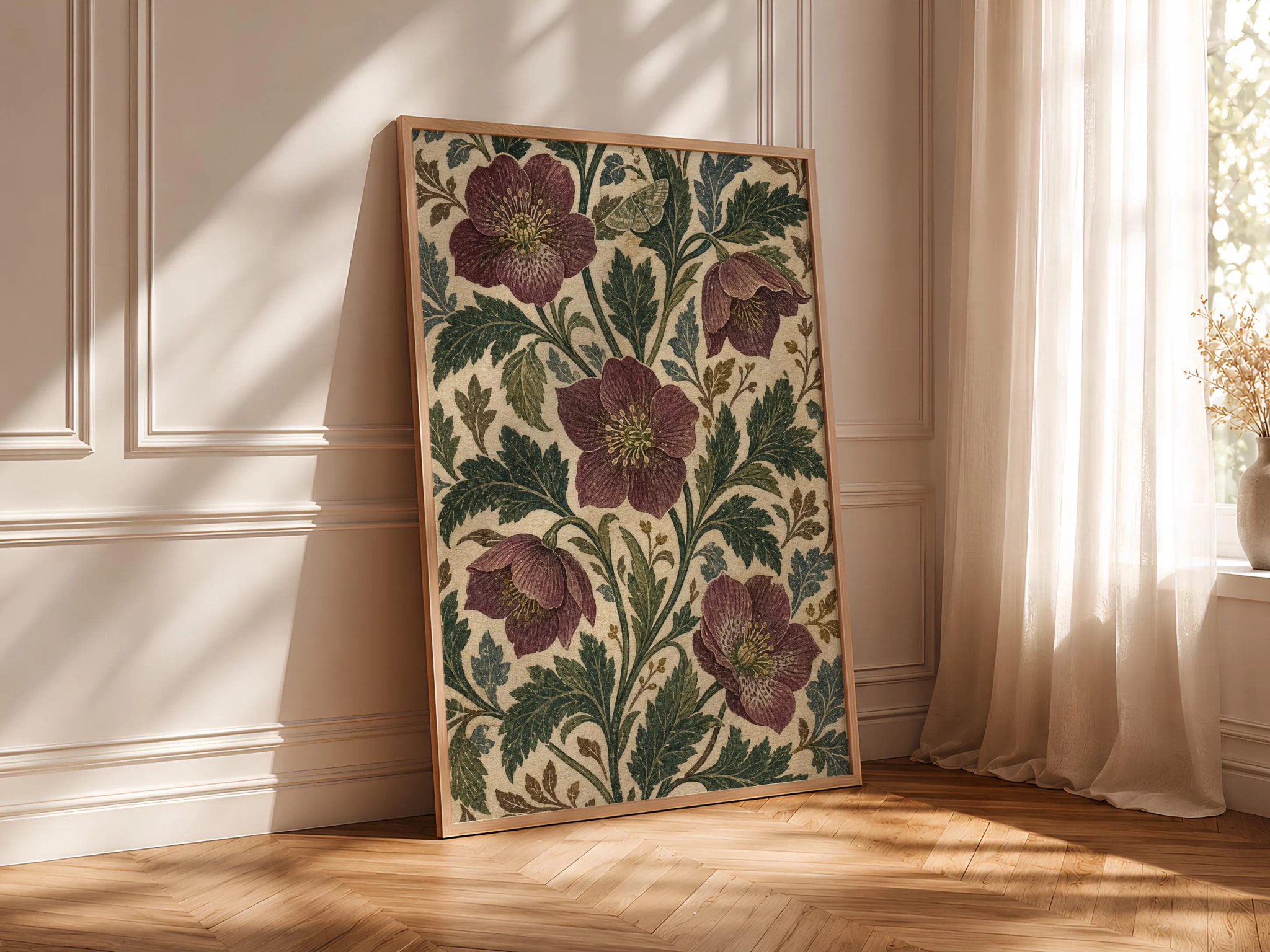 Arts and Crafts Moth Print, William Morris Style Wall Art, Hellebore Botanical Poster, Dark Cottagecore Decor, Housewarming Gift – Calm Wall Art by Artsify thumbnail 4