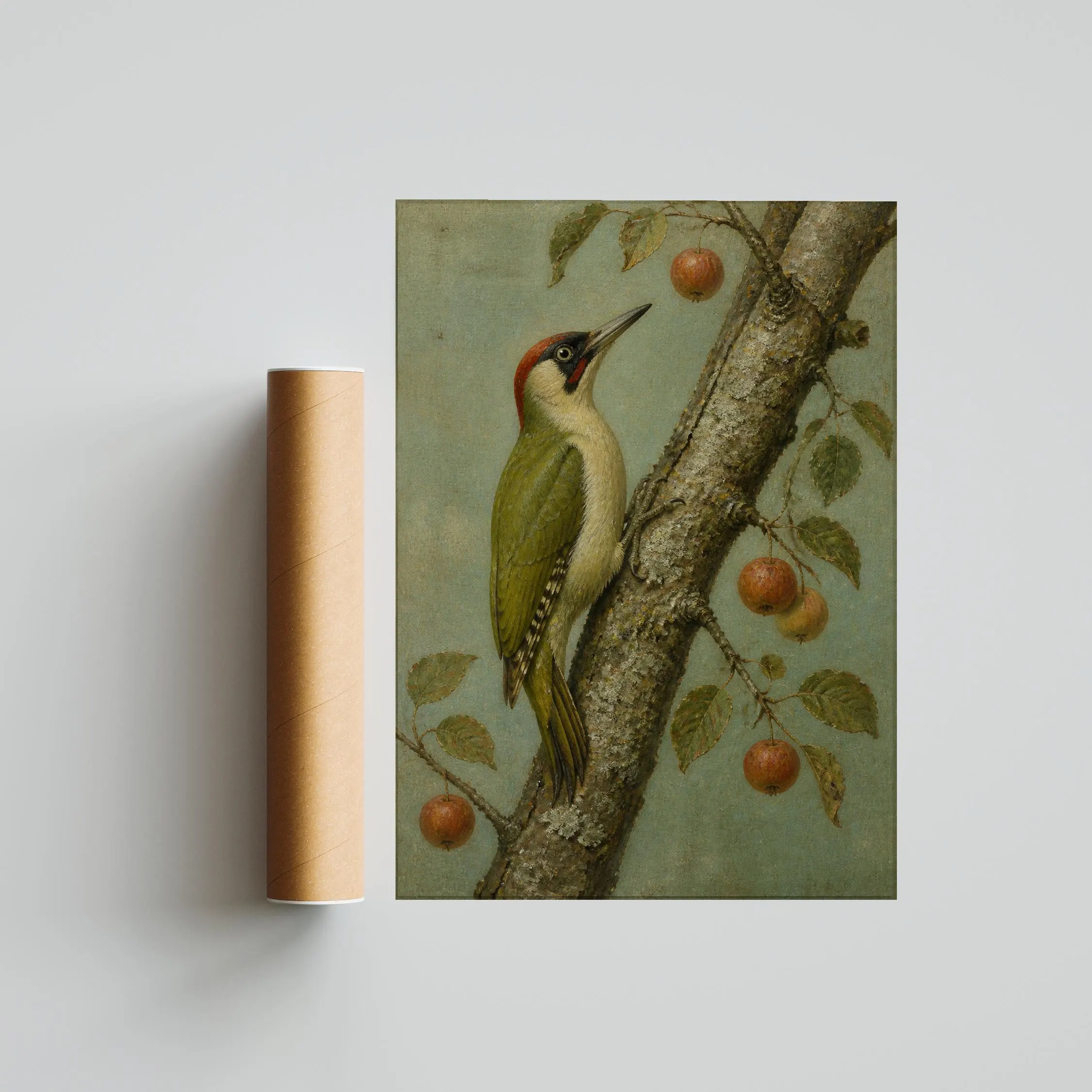 Green Woodpecker Wall Art, Arts and Crafts Bird Oil Painting, Crabapple Botanical Decor – Calm Wall Art by Artsify thumbnail 5