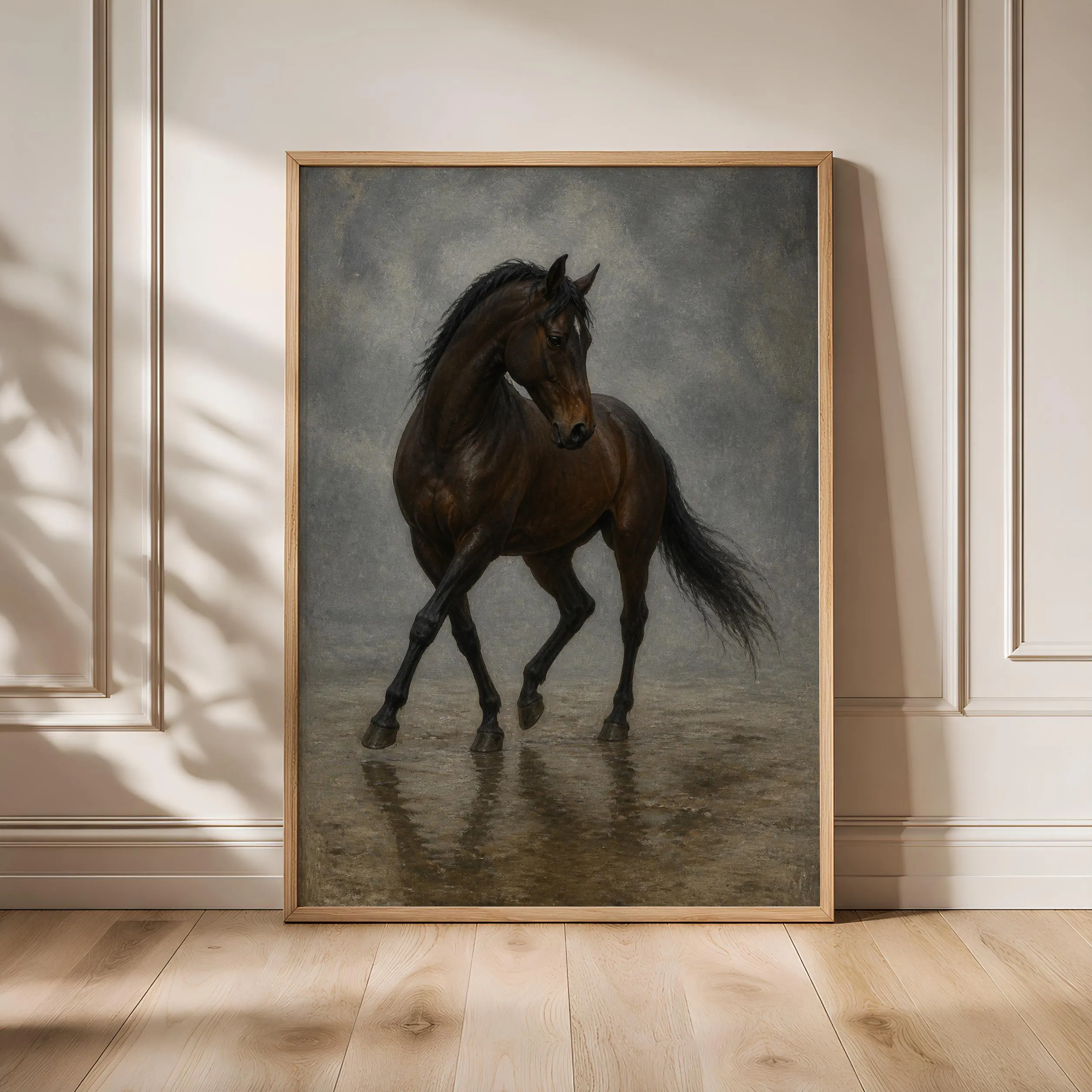 Bay Horse Wall Art, Moody Equestrian Painting, Misty Rain Rustic Decor Print – Calm Wall Art by Artsify