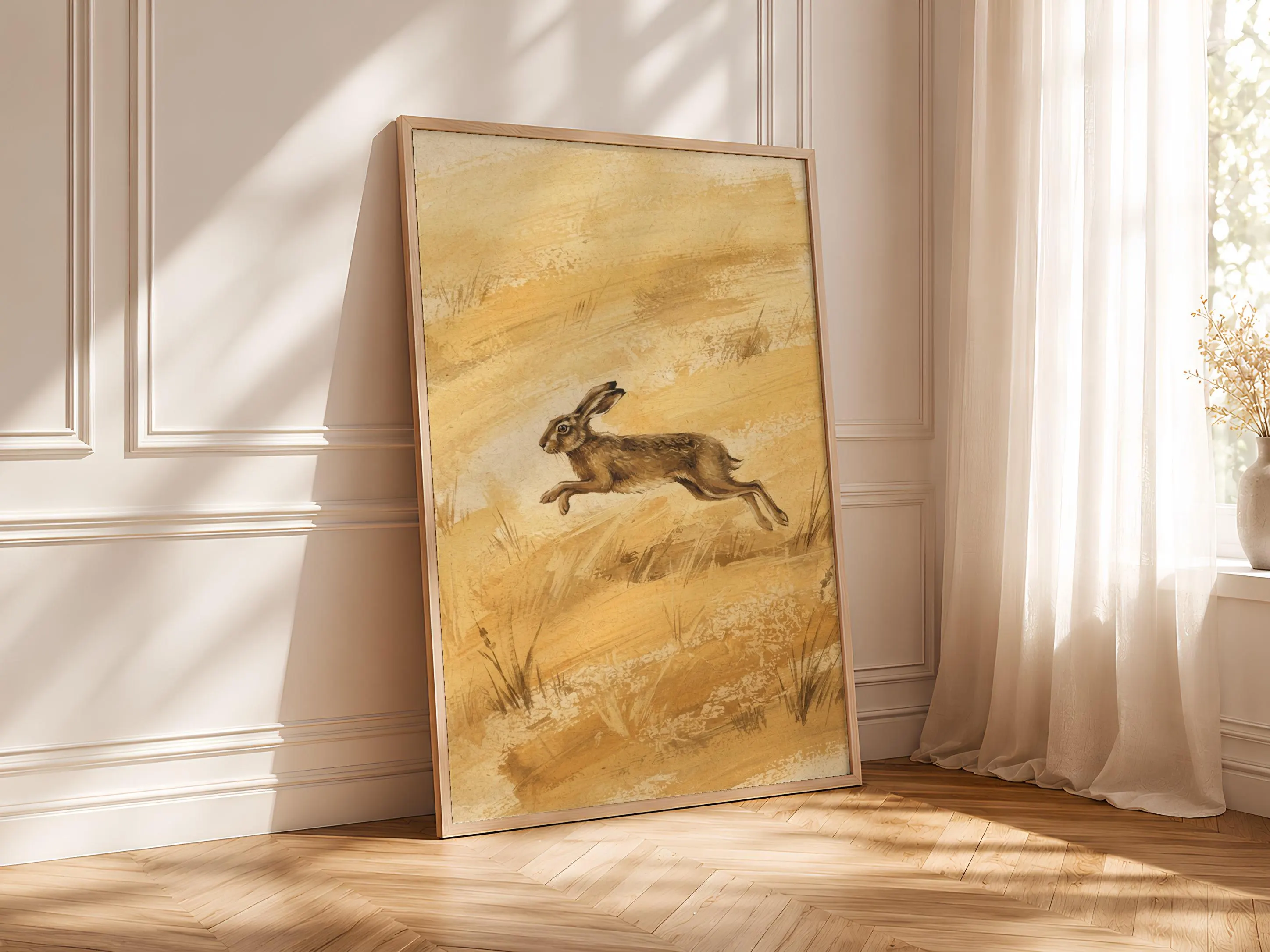 Bounding Hare Wall Art, Golden Minimalist Meadow Painting, Vintage Countryside Print, Housewarming Gift – Calm Wall Art by Artsify thumbnail 4