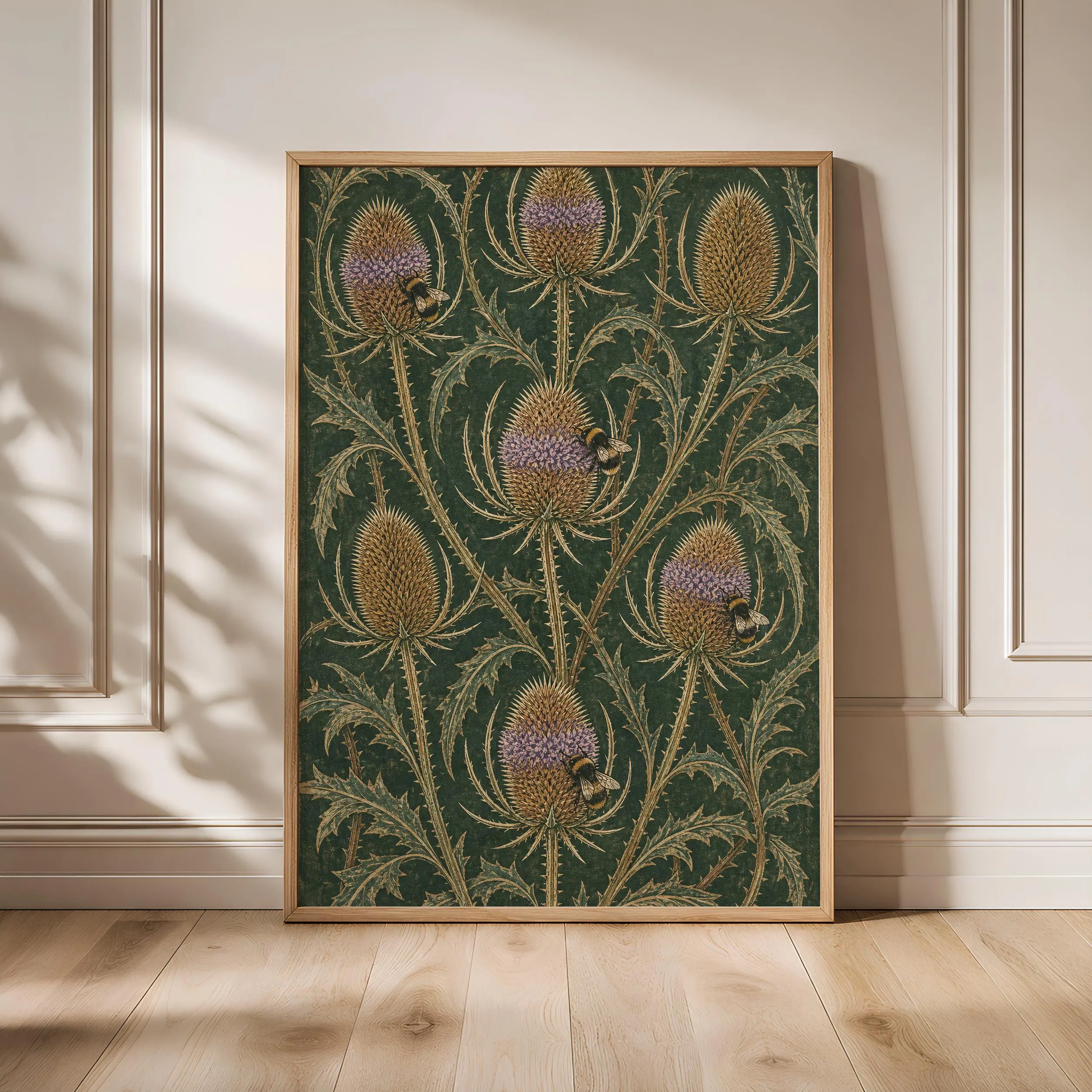 Teasel Botanical Print, William Morris Style Wall Art, Bumblebee Garden Poster, Moss Green Cottagecore Decor, Housewarming Gift – Calm Wall Art by Artsify