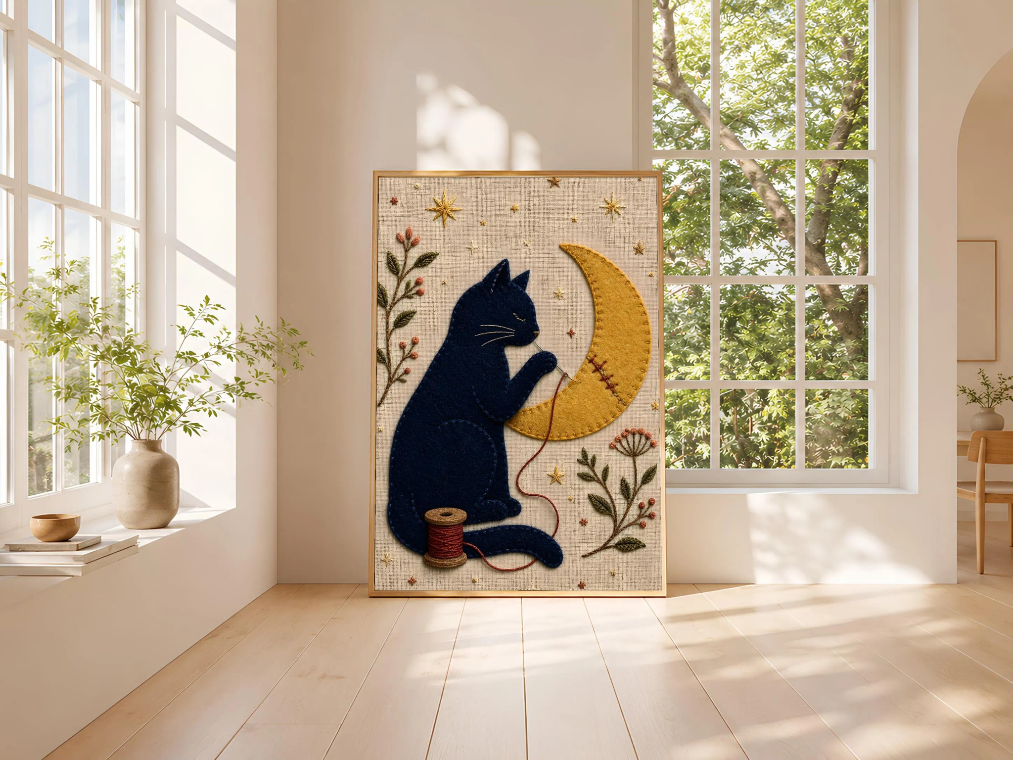 Black Cat Moon Print, Felt Embroidery Style Wall Art, Celestial Cat Poster, Whimsical Night Sky Decor, Housewarming Gift – Calm Wall Art by Artsify thumbnail 3