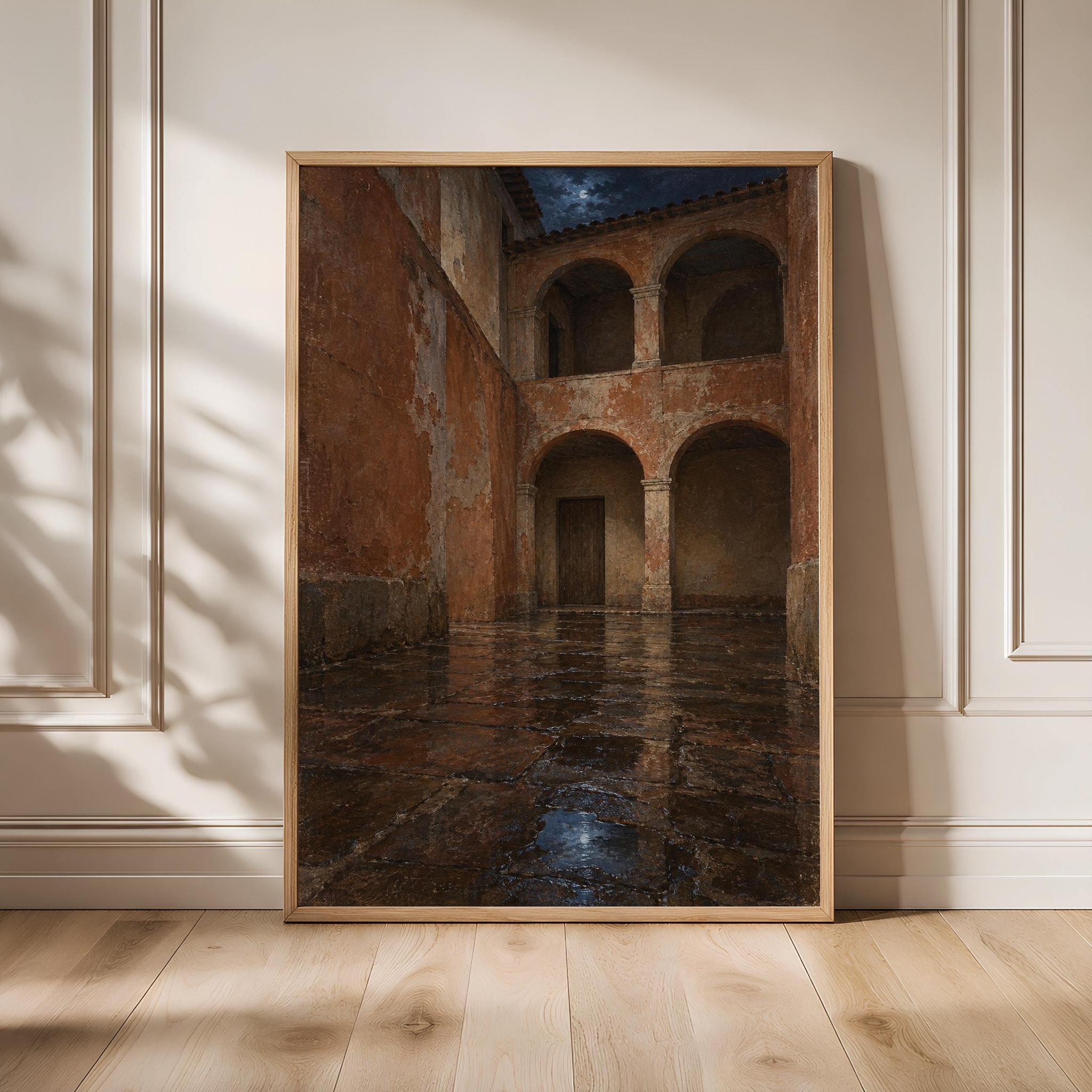 Terracotta Courtyard Wall Art, Rainy Arcade Oil Painting, Moody Mediterranean Decor – Calm Wall Art by Artsify