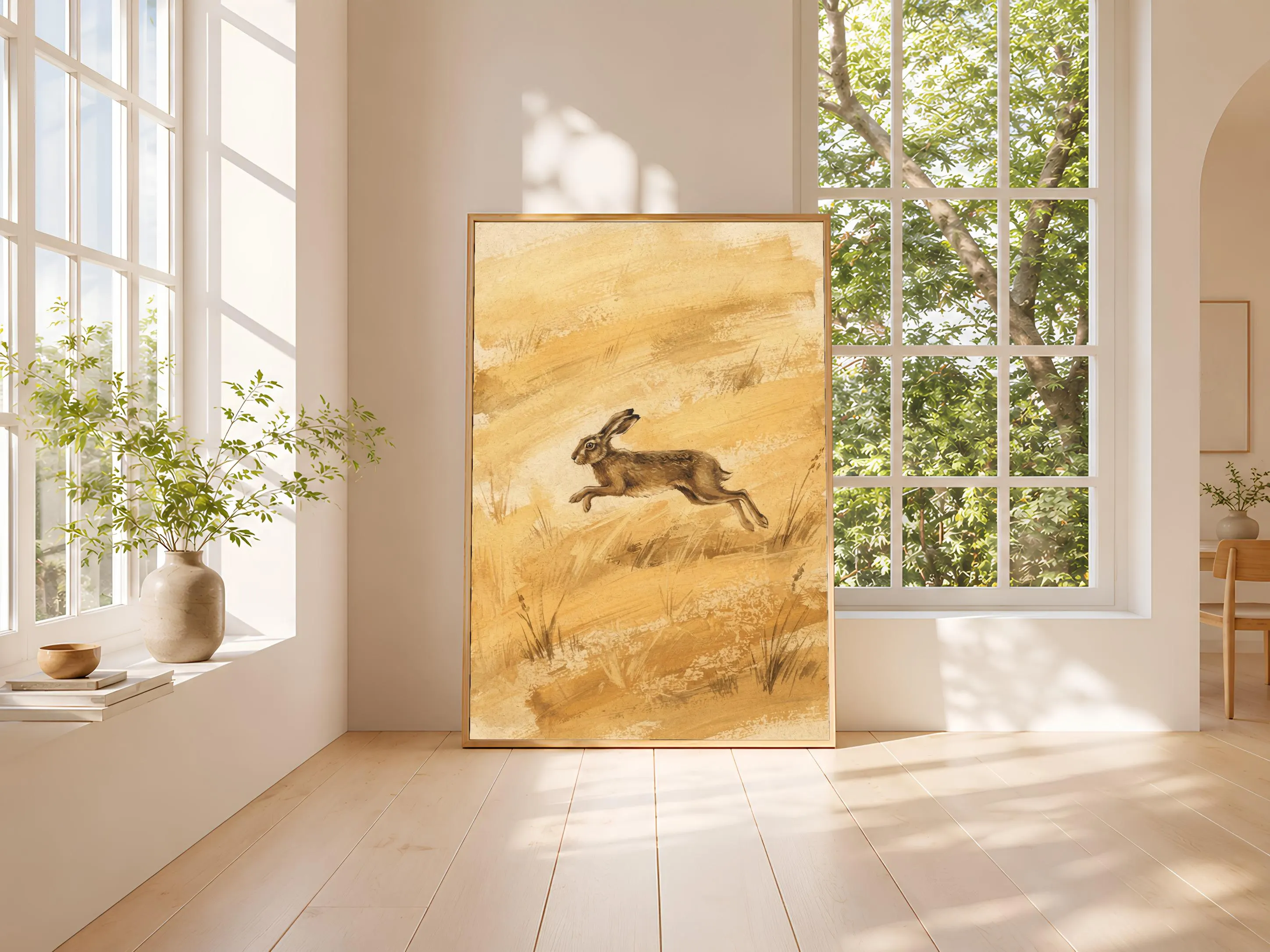 Bounding Hare Wall Art, Golden Minimalist Meadow Painting, Vintage Countryside Print, Housewarming Gift – Calm Wall Art by Artsify thumbnail 3
