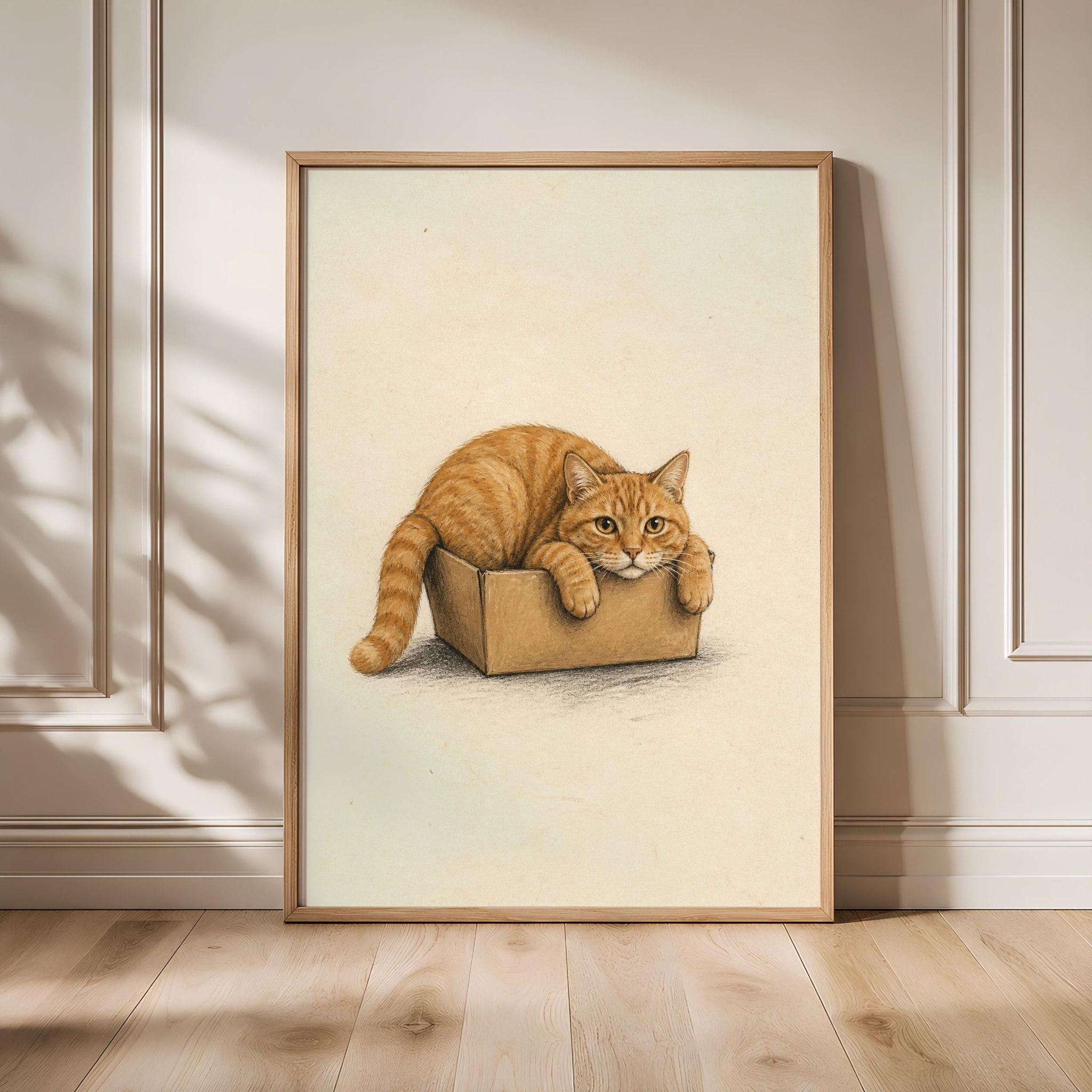 Funny Cat Wall Art, Orange Tabby in Box, Minimalist Pet Painting – Calm Wall Art by Artsify