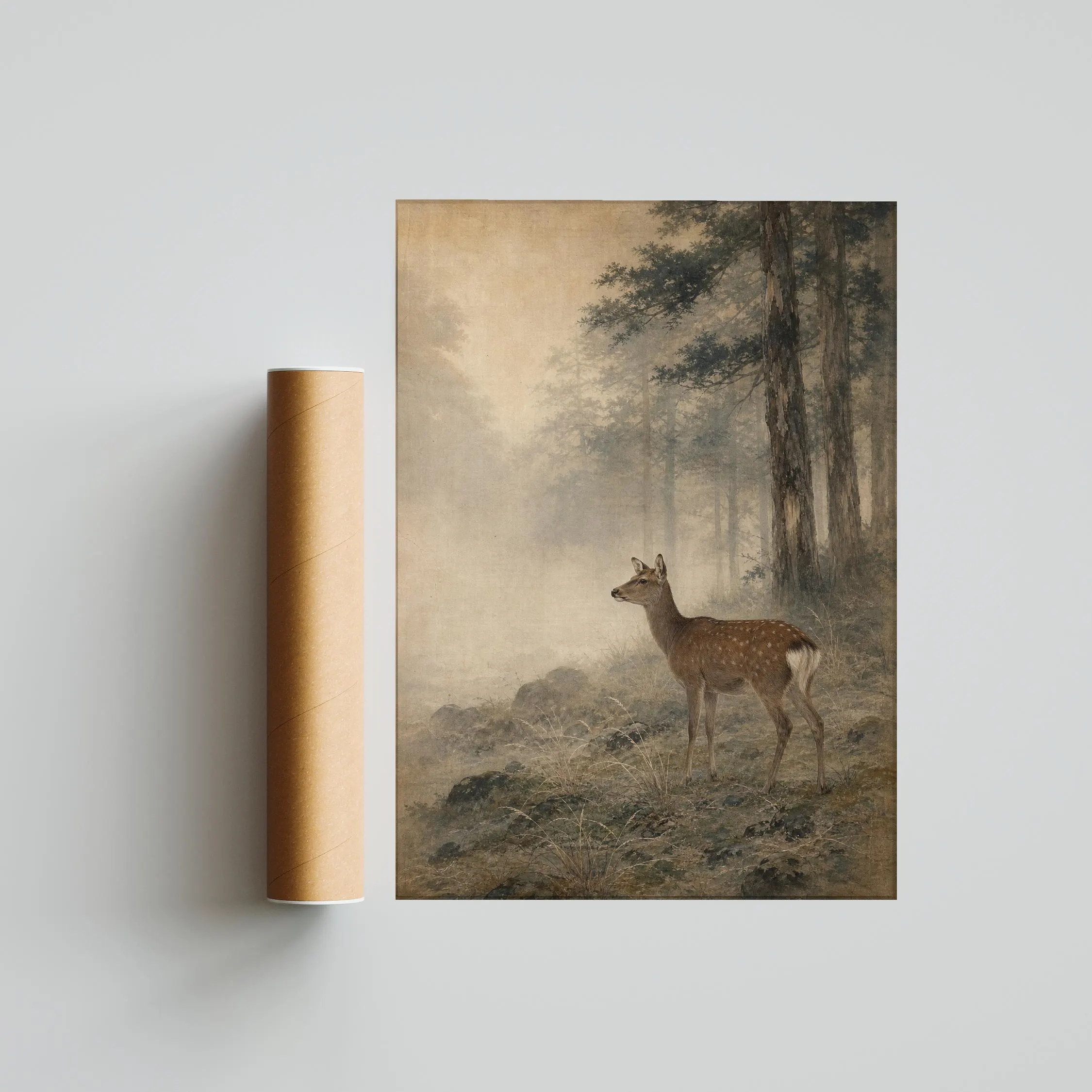 Sika Deer Painting Print, Japanese Wildlife Wall Art, Cedar Forest Poster, Woodland Nature Decor, Housewarming Gift – Calm Wall Art by Artsify thumbnail 5
