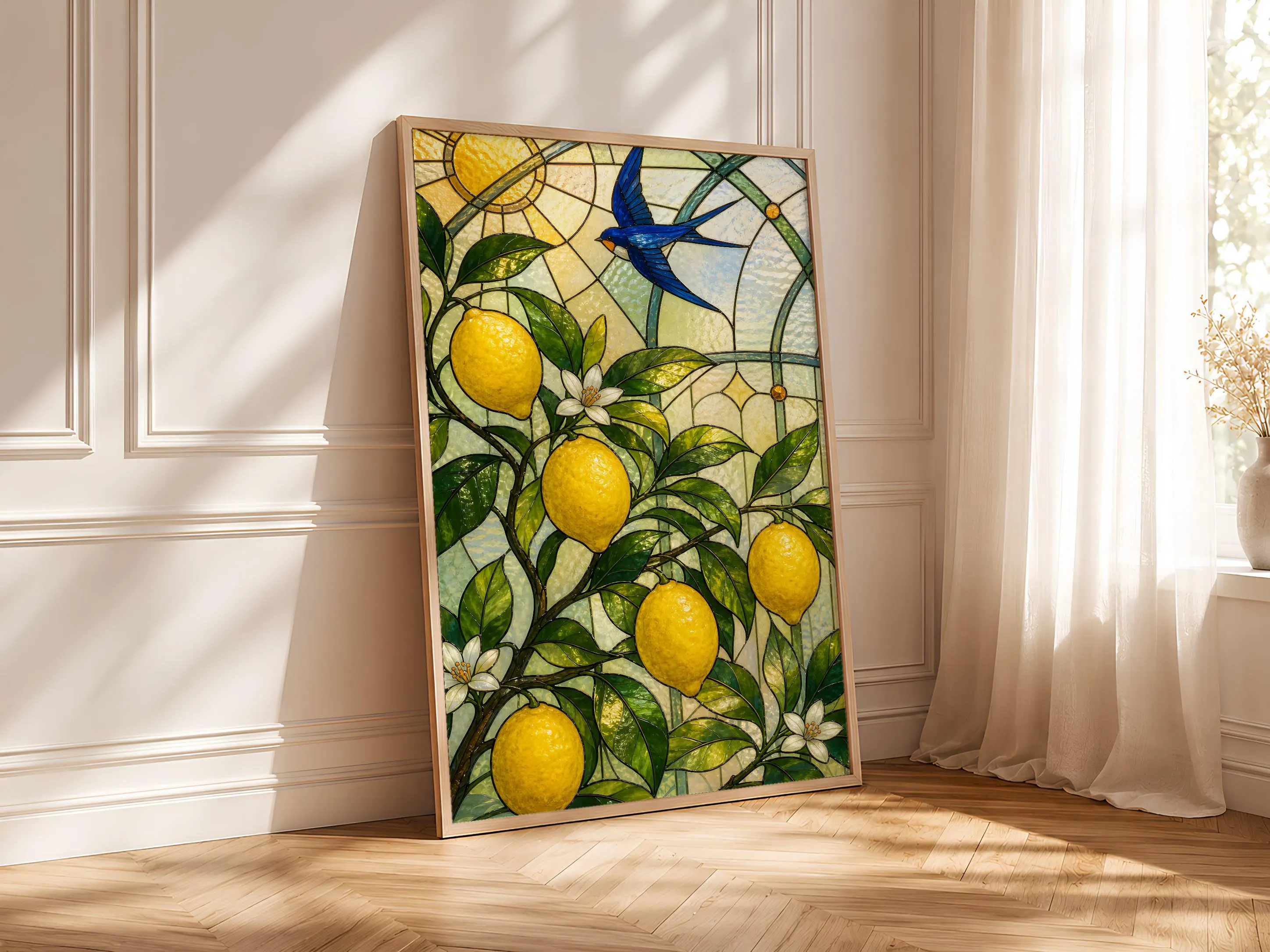 Lemon Tree Stained Glass Print, Botanical Conservatory Wall Art, Swallow Bird Poster, Mediterranean Kitchen Decor, Housewarming Gift – Calm Wall Art by Artsify thumbnail 4