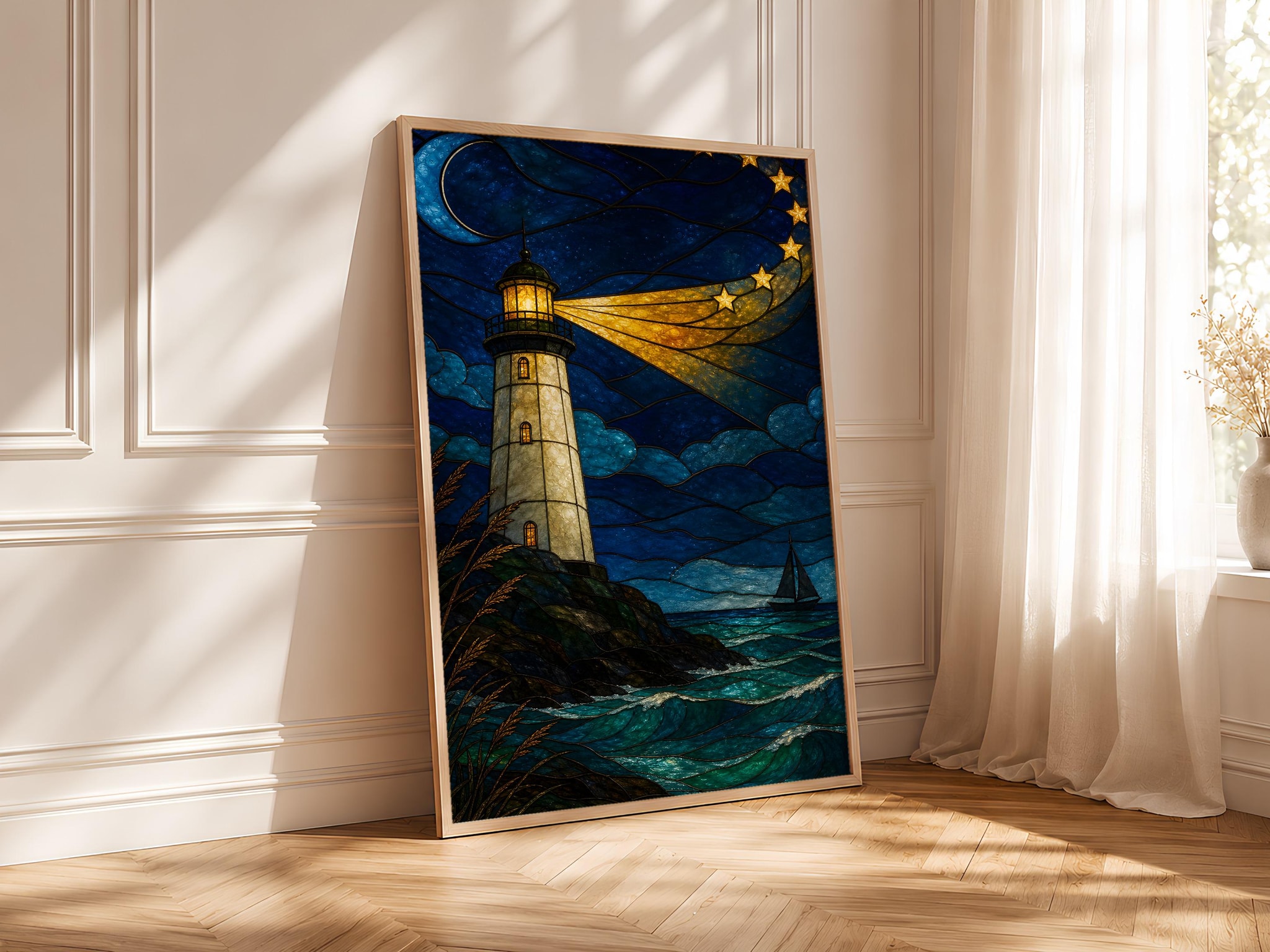 Lighthouse Stained Glass Print, Coastal Nautical Wall Art, Nighttime Ocean Poster, Sailor Gift, Housewarming Gift – Calm Wall Art by Artsify thumbnail 4