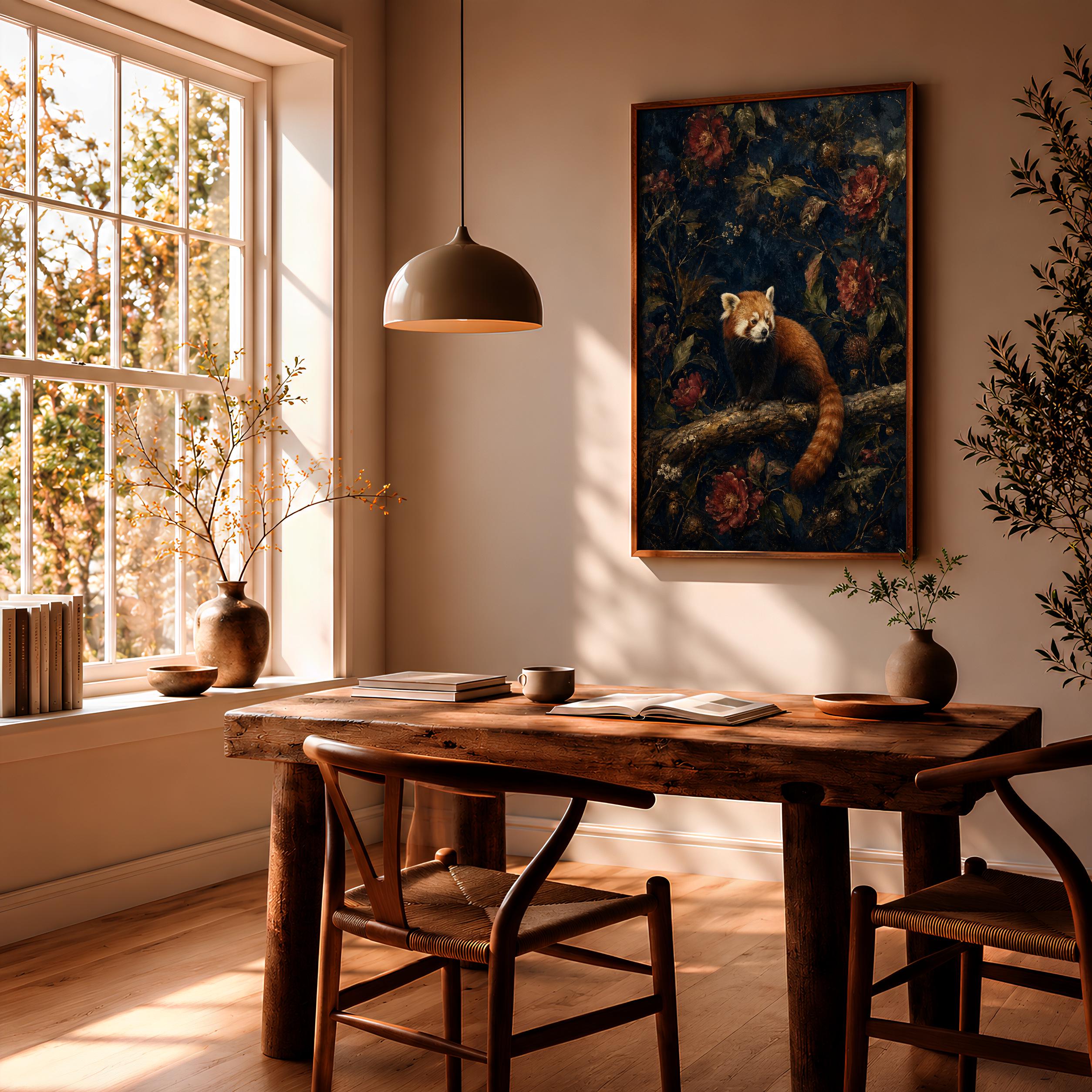 Red Panda Wall Art, Dark Botanical Oil Painting – Calm Wall Art by Artsify thumbnail 2