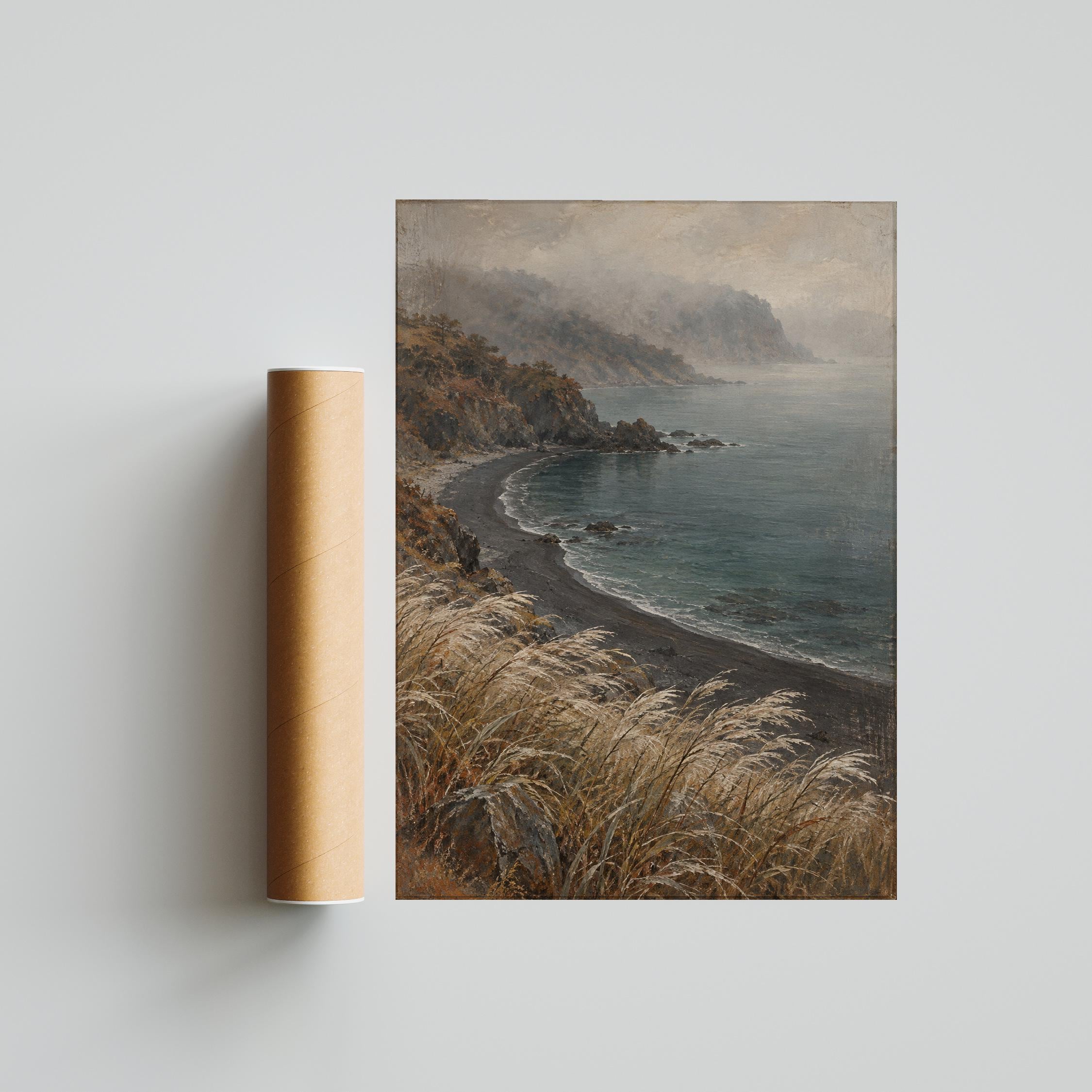 Silver Grass Coastal Wall Art, Misty Volcanic Cove Painting, Neutral Autumn Decor – Calm Wall Art by Artsify thumbnail 5