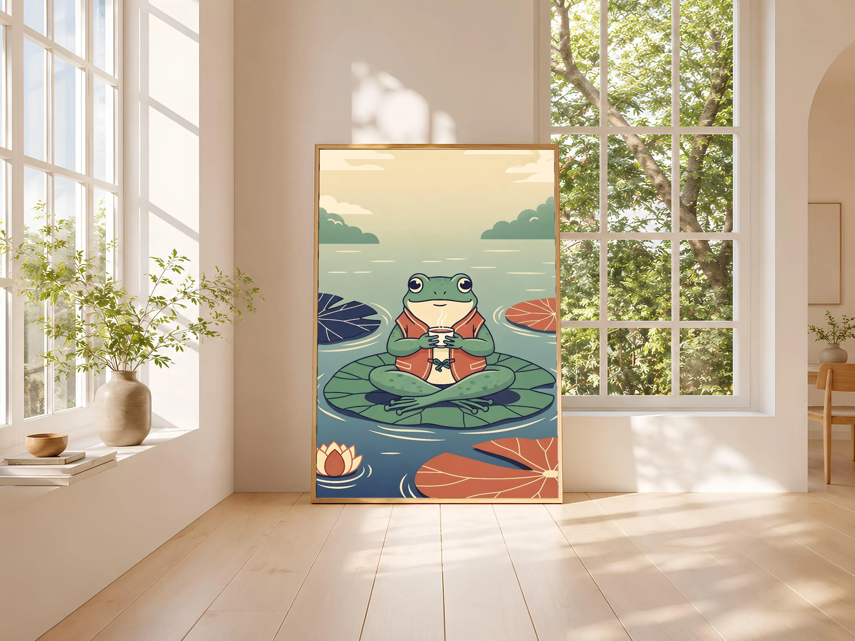 Japanese Frog Art Print, Whimsical Tea Frog Poster, Woodblock Style Animal Wall Art, Fun Zen Decor, A1/A2/A3/A4, Housewarming Gift – Calm Wall Art by Artsify thumbnail 3