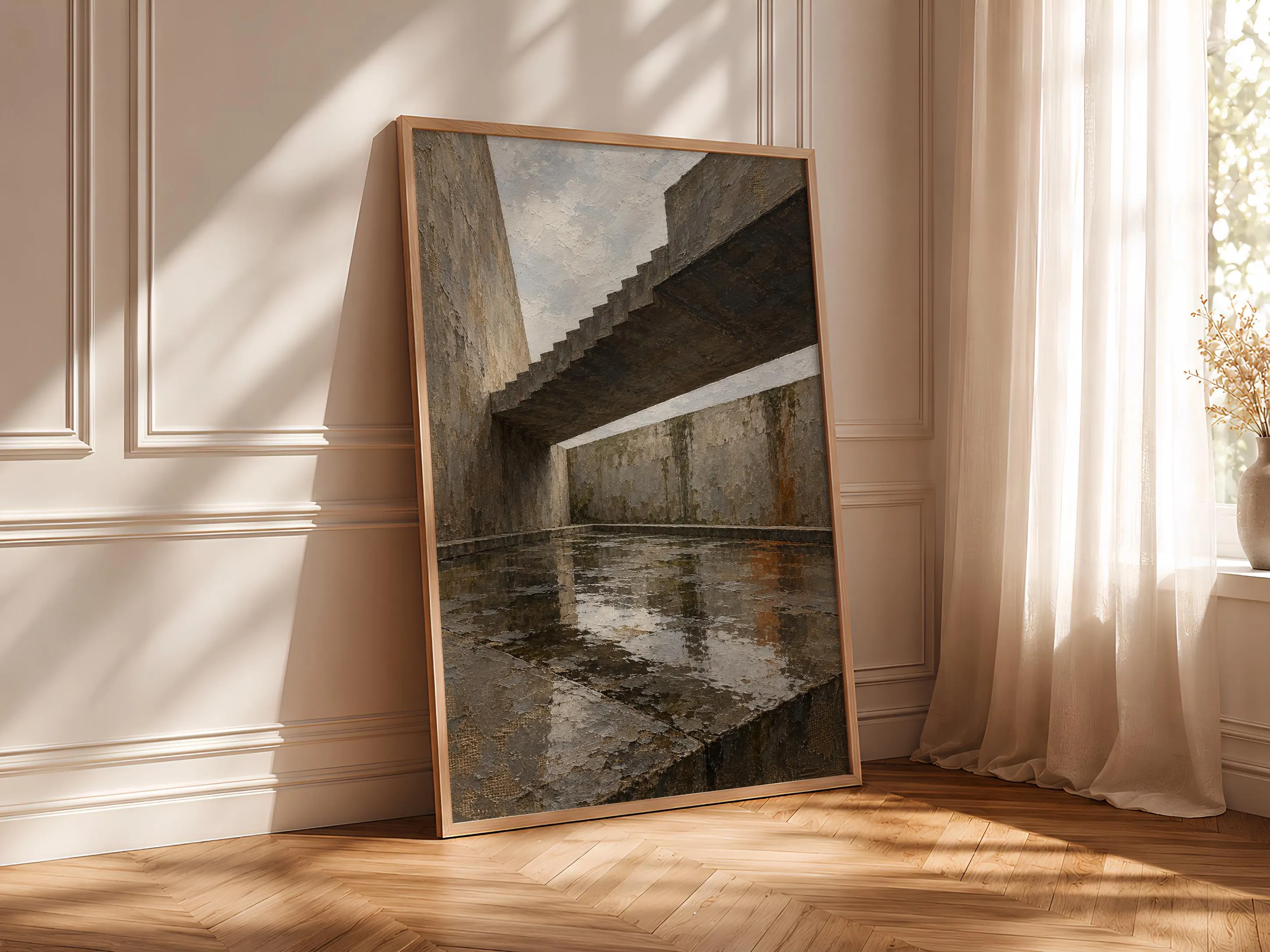 Brutalist Concrete Atrium Wall Art, Rainy Architecture Oil Painting, Industrial Office Decor – Calm Wall Art by Artsify thumbnail 4