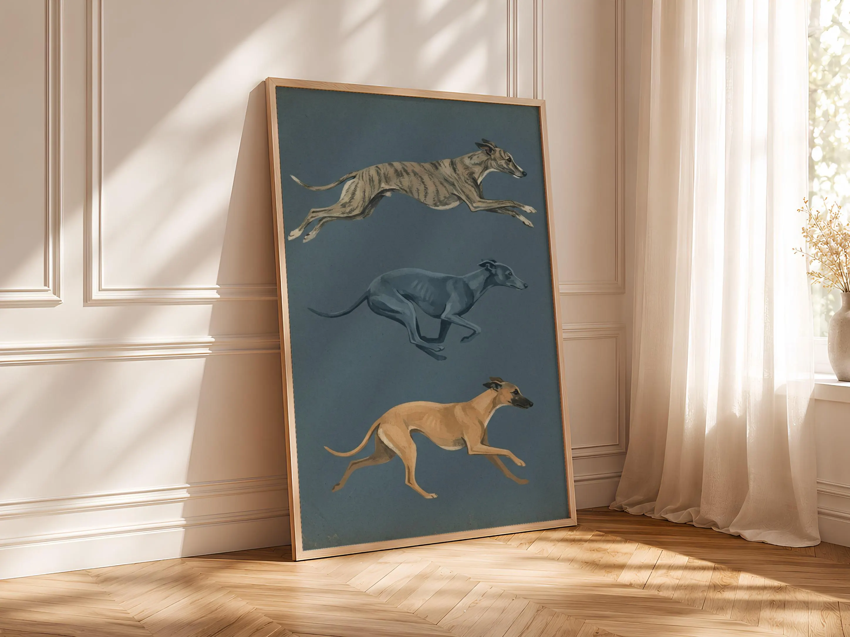 Whippet Wall Art, Dusty Blue Minimalist Dog Painting, Vintage Sighthound Print, Housewarming Gift – Calm Wall Art by Artsify thumbnail 4