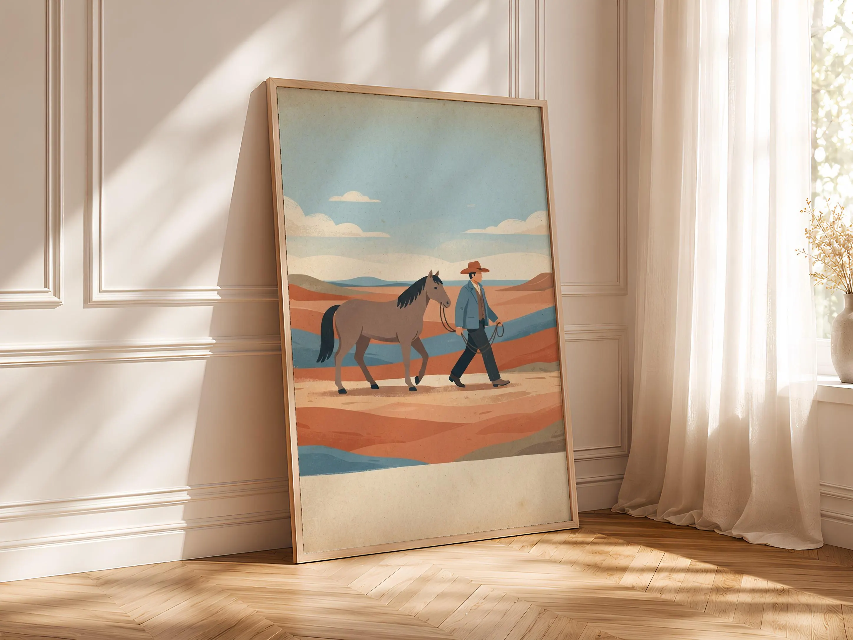 Cowboy Walking Horse Print, Western Folk Art Poster, Terracotta Wall Art, Housewarming Gift – Calm Wall Art by Artsify thumbnail 4