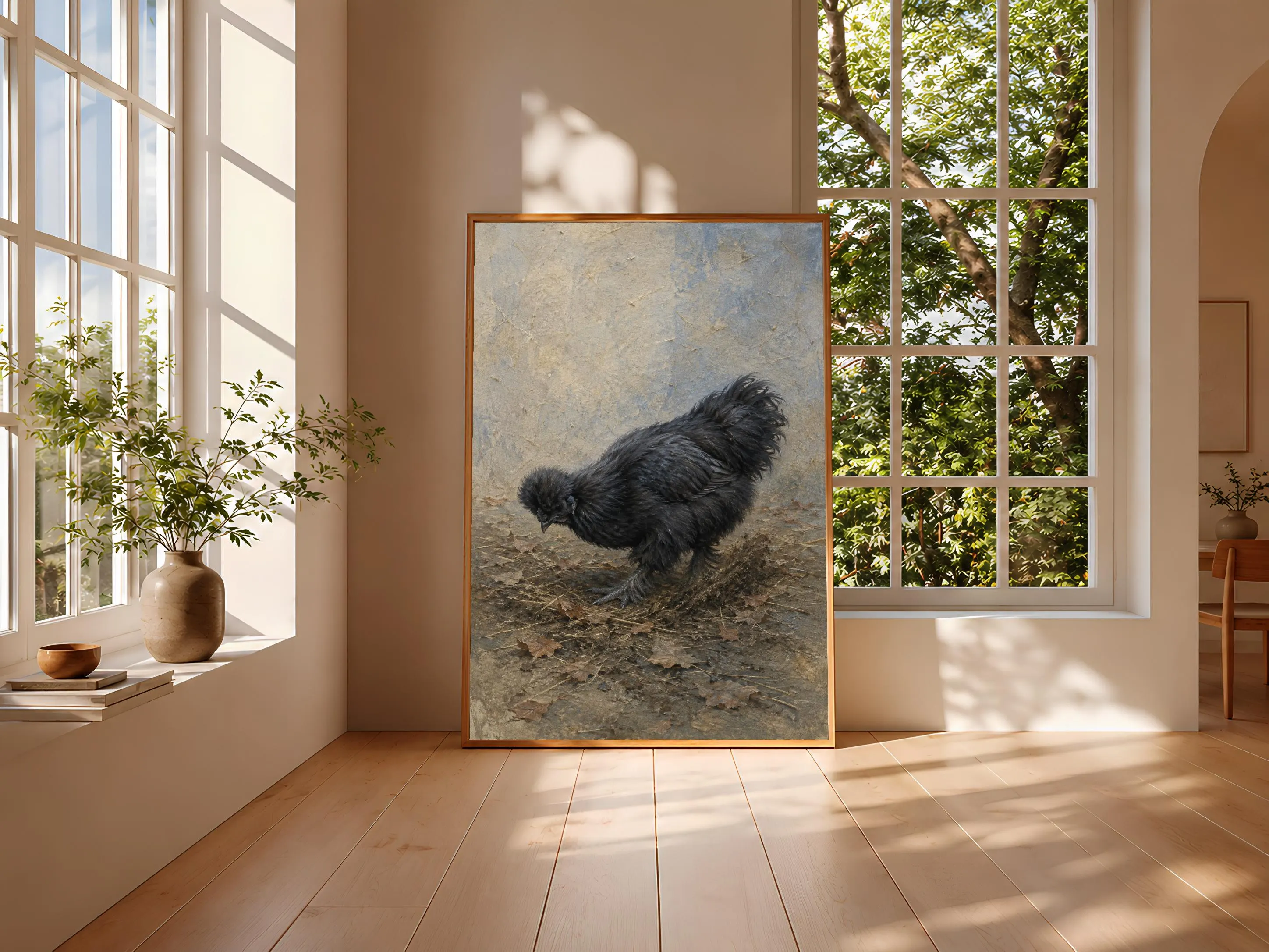 Black Silkie Chicken Wall Art, Foraging Hen Oil Tempera Print – Calm Wall Art by Artsify thumbnail 3