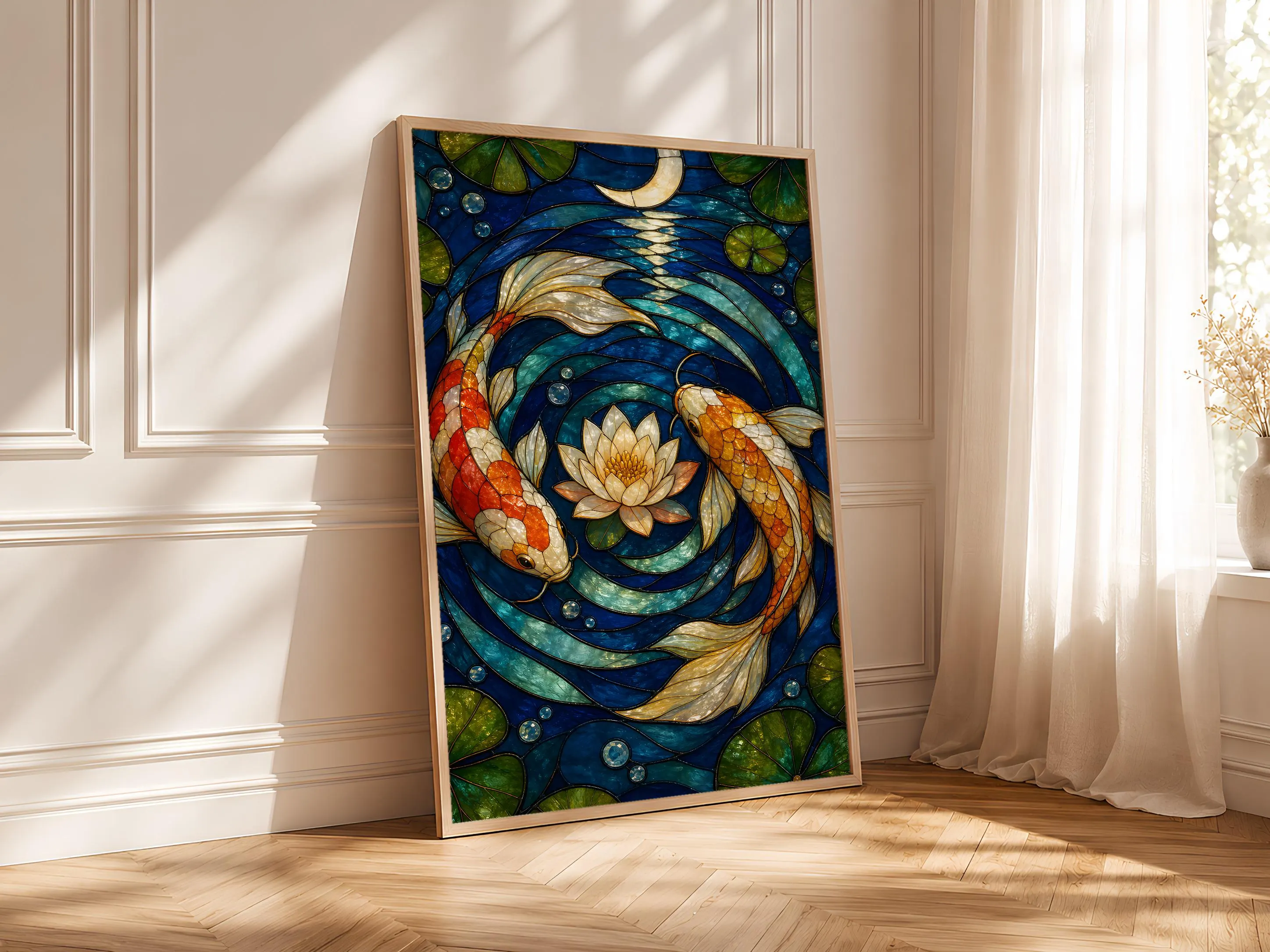 Koi Fish Stained Glass Print, Japanese Pond Wall Art, Moonlit Water Lily Poster, Zen Decor Gift, Housewarming Gift – Calm Wall Art by Artsify thumbnail 4