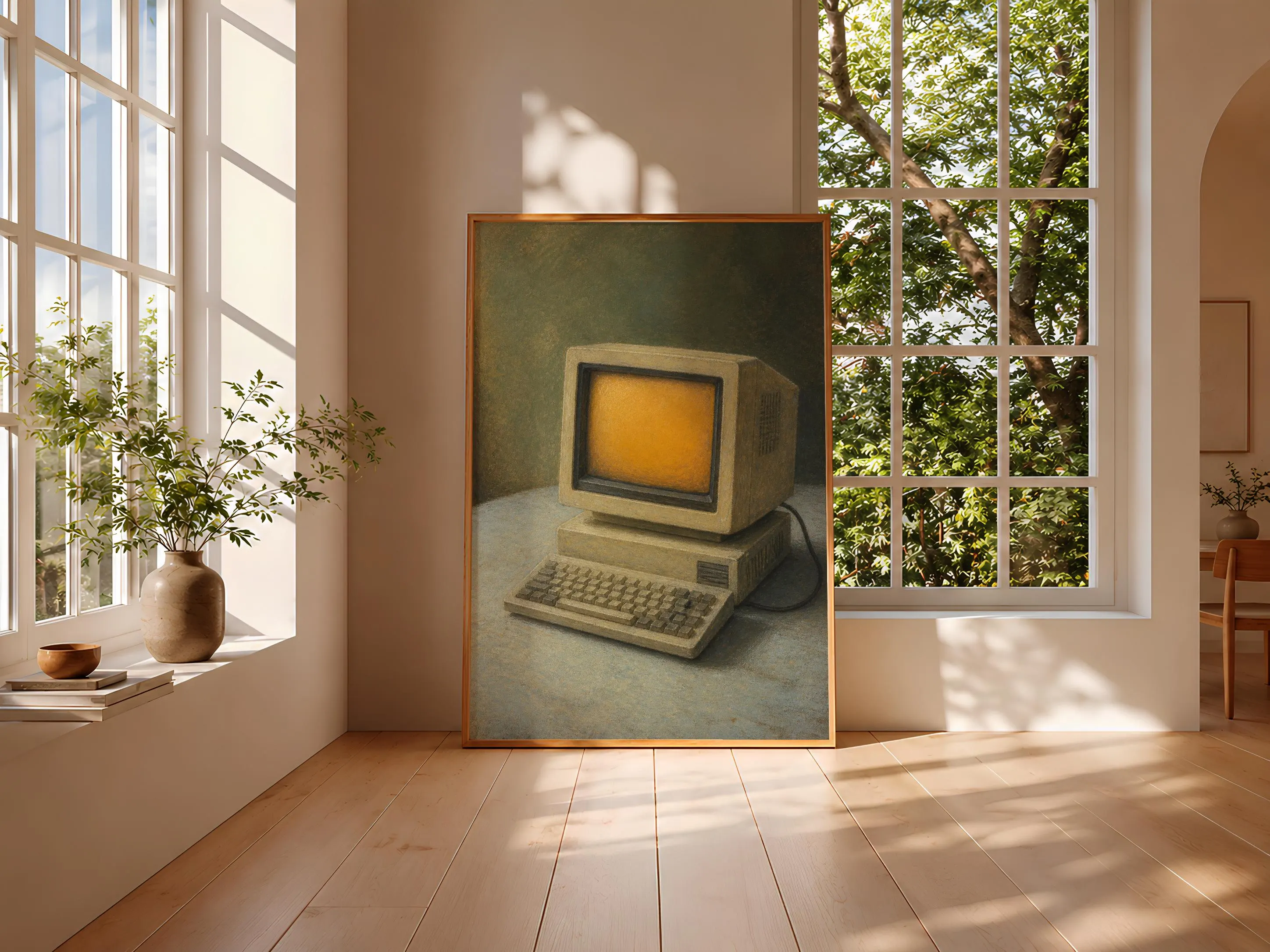 Vintage Computer Wall Art, Retro Tech Still Life Painting, Amber Screen Nostalgic Print – Calm Wall Art by Artsify thumbnail 3