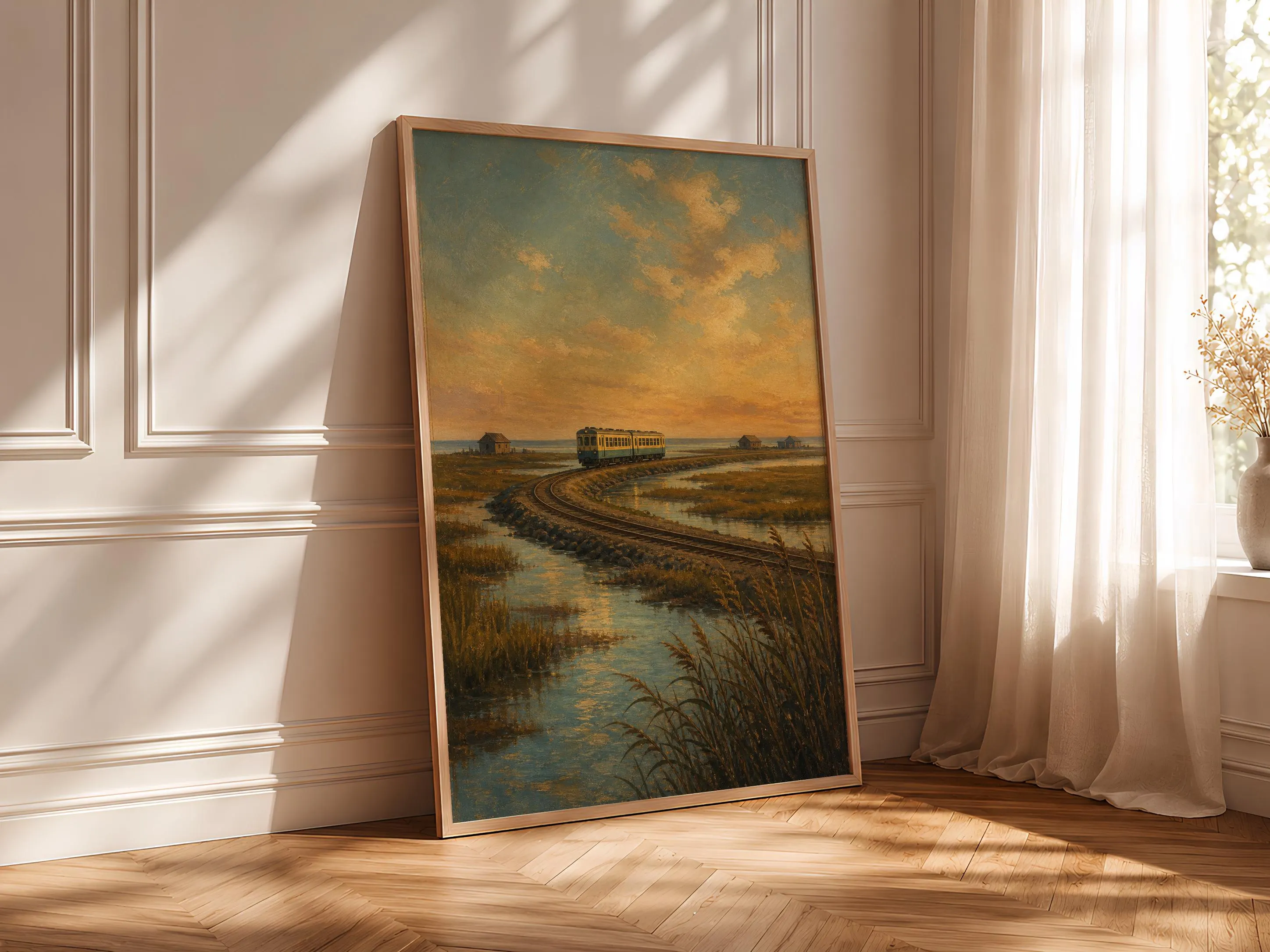 Salt Marsh Train Print, Vintage Railway Wall Art, Sunset Coastal Poster, Moody Landscape Decor, Housewarming Gift – Calm Wall Art by Artsify thumbnail 4