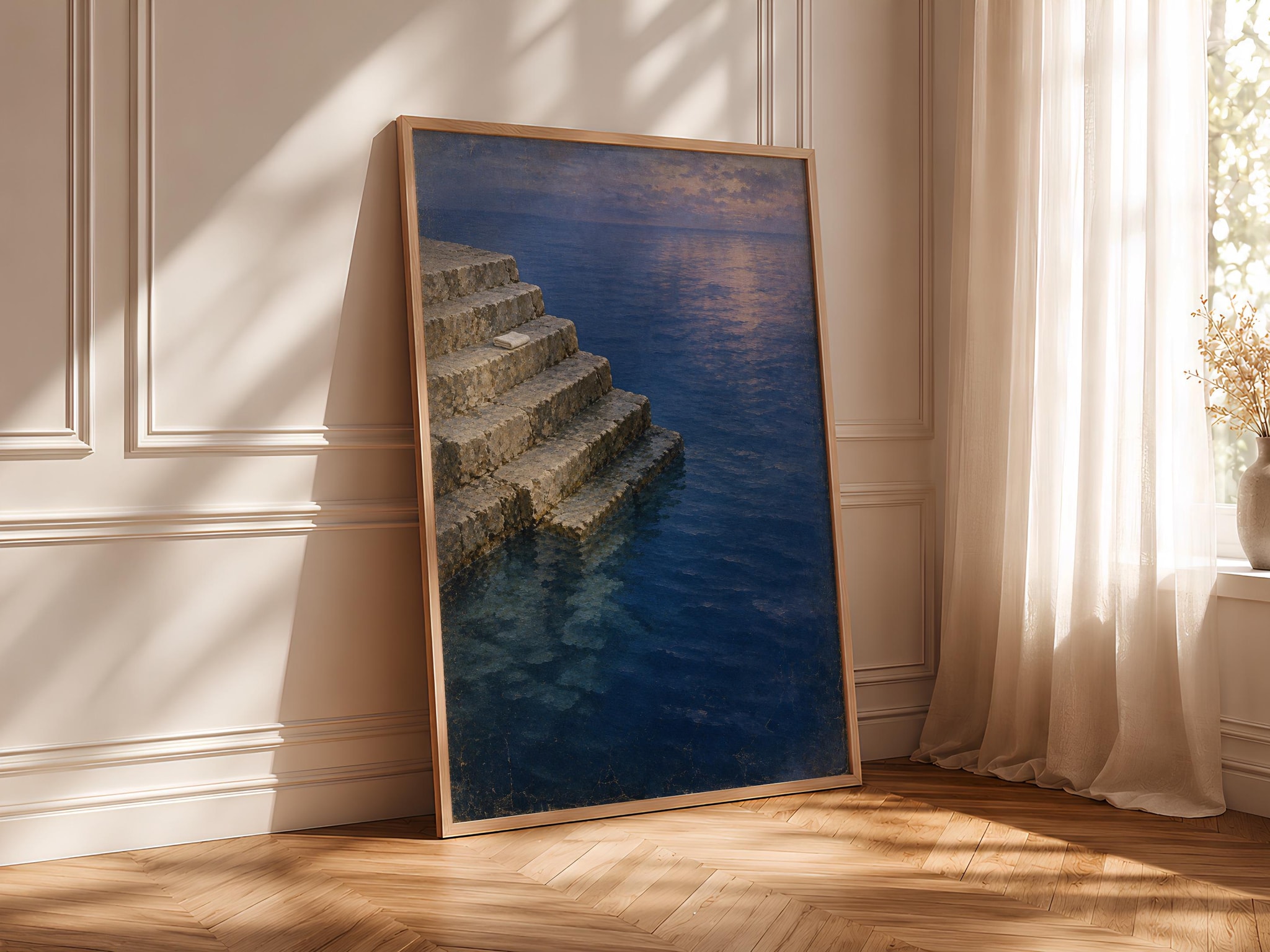 Cobalt Sea Steps Print, Blue Hour Mediterranean Swim Painting – Calm Wall Art by Artsify thumbnail 4