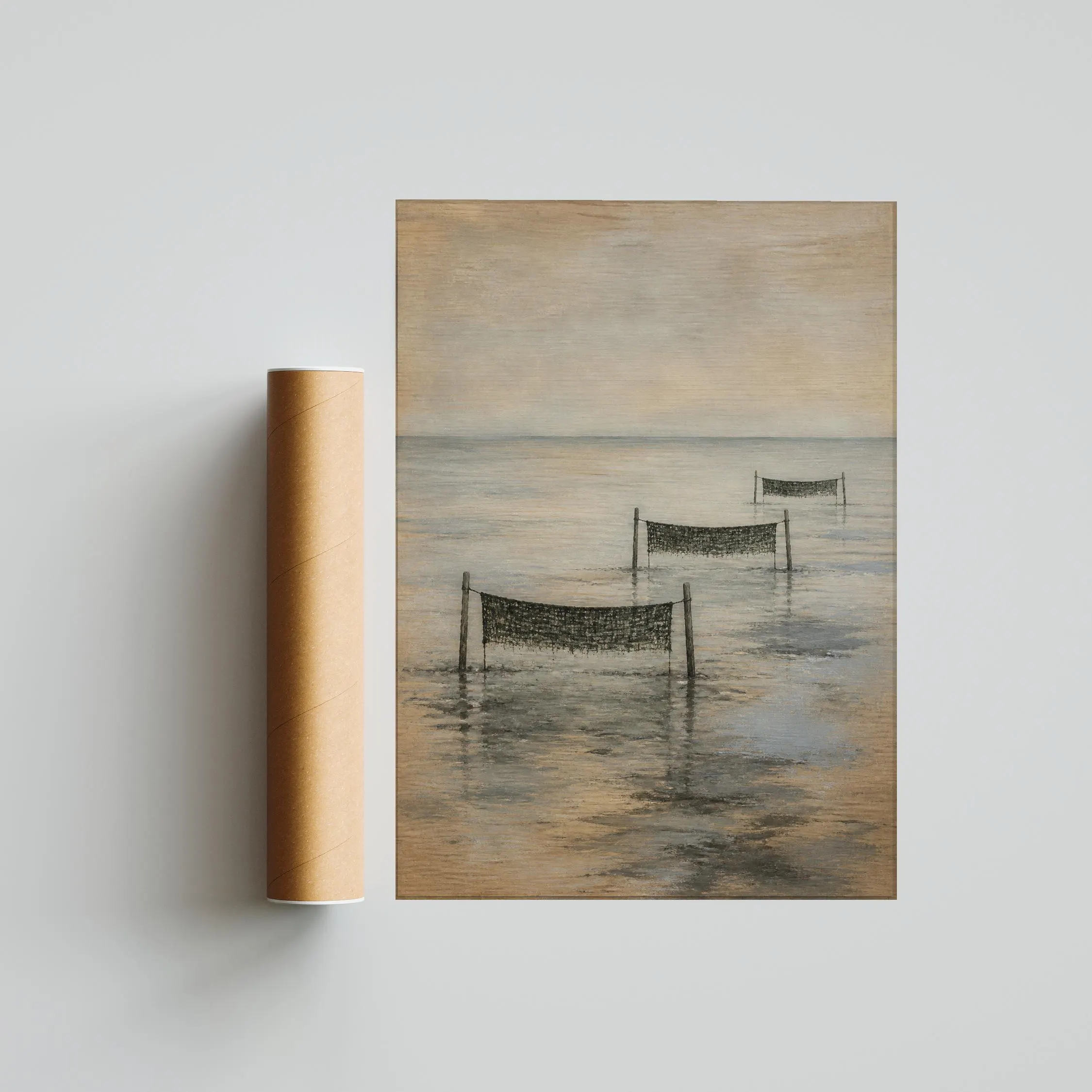 Seaweed Nets Wall Art, Japanese Coastal Landscape, Muted Misty Tidal Print – Calm Wall Art by Artsify thumbnail 5