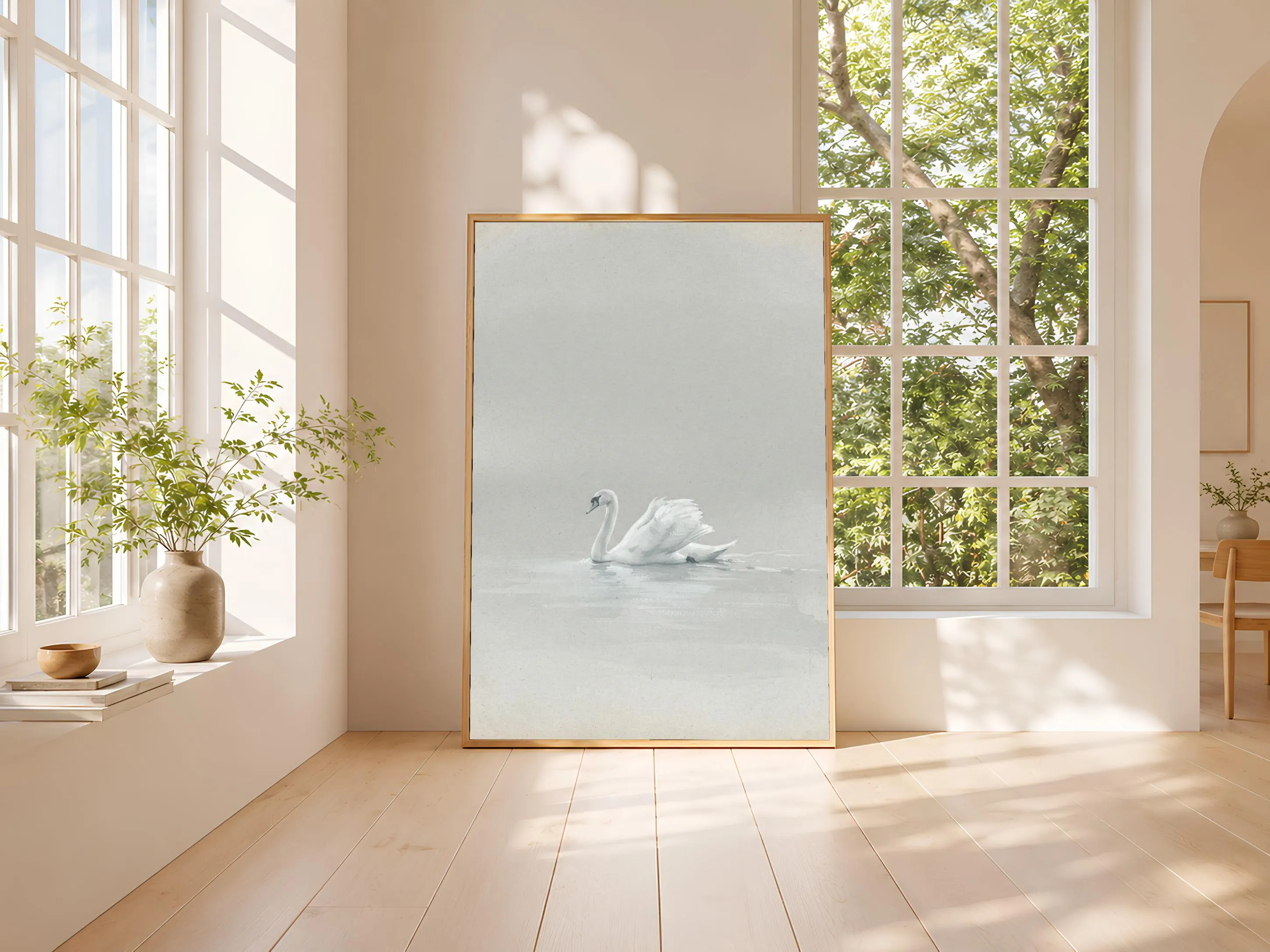 Swan Wall Art, Dove Grey Minimalist Wildlife Painting, Vintage Lake Print, Housewarming Gift – Calm Wall Art by Artsify thumbnail 3