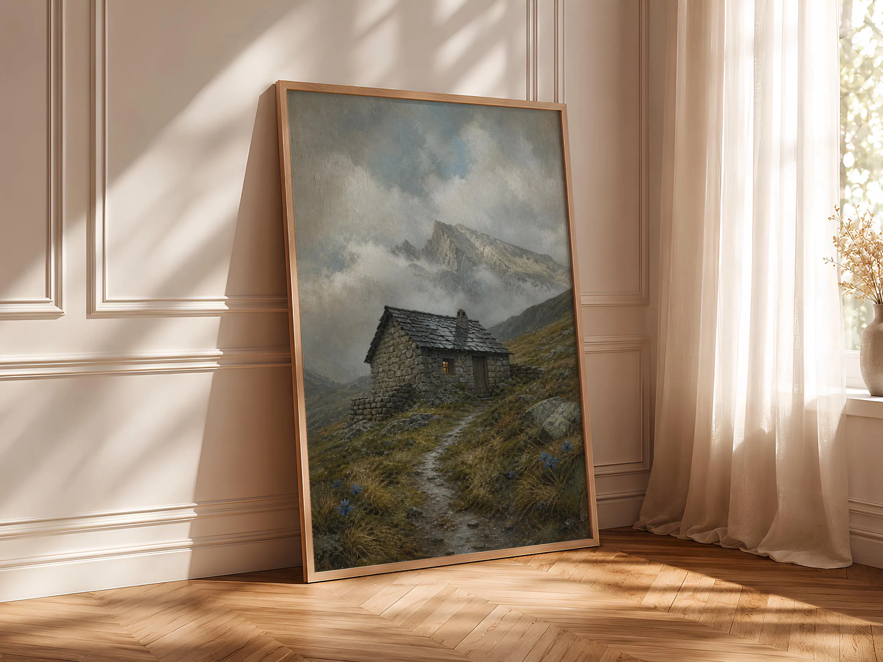 Stone Mountain Hut Wall Art, Realist Oil Painting Alpine Refuge, Misty Grey Mountain Decor Print – Calm Wall Art by Artsify thumbnail 4