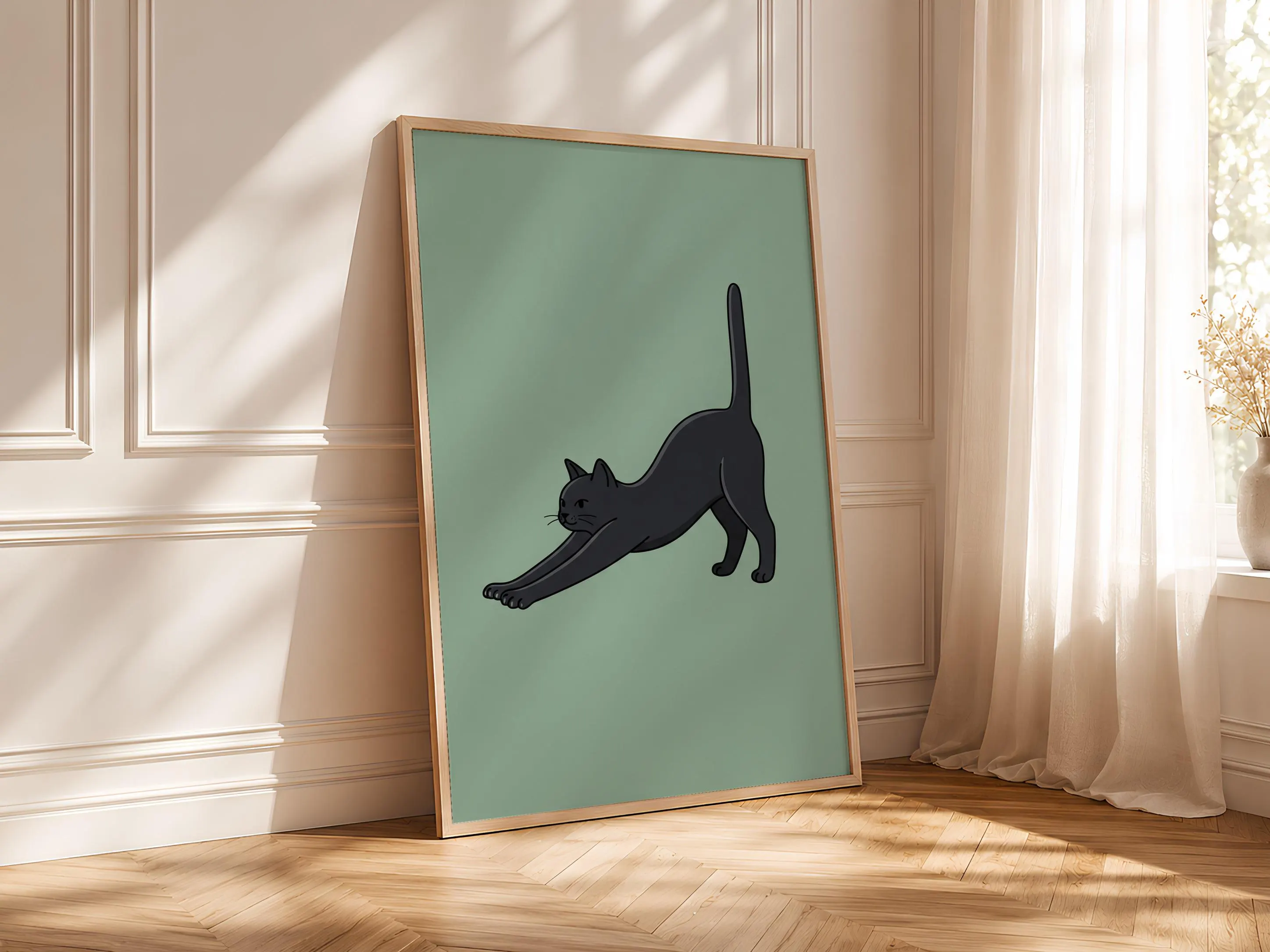 Minimalist Cat Print, Stretching Black Cat Wall Art, Sage Green Poster, Cat Lover Gift, Housewarming Gift – Calm Wall Art by Artsify thumbnail 4