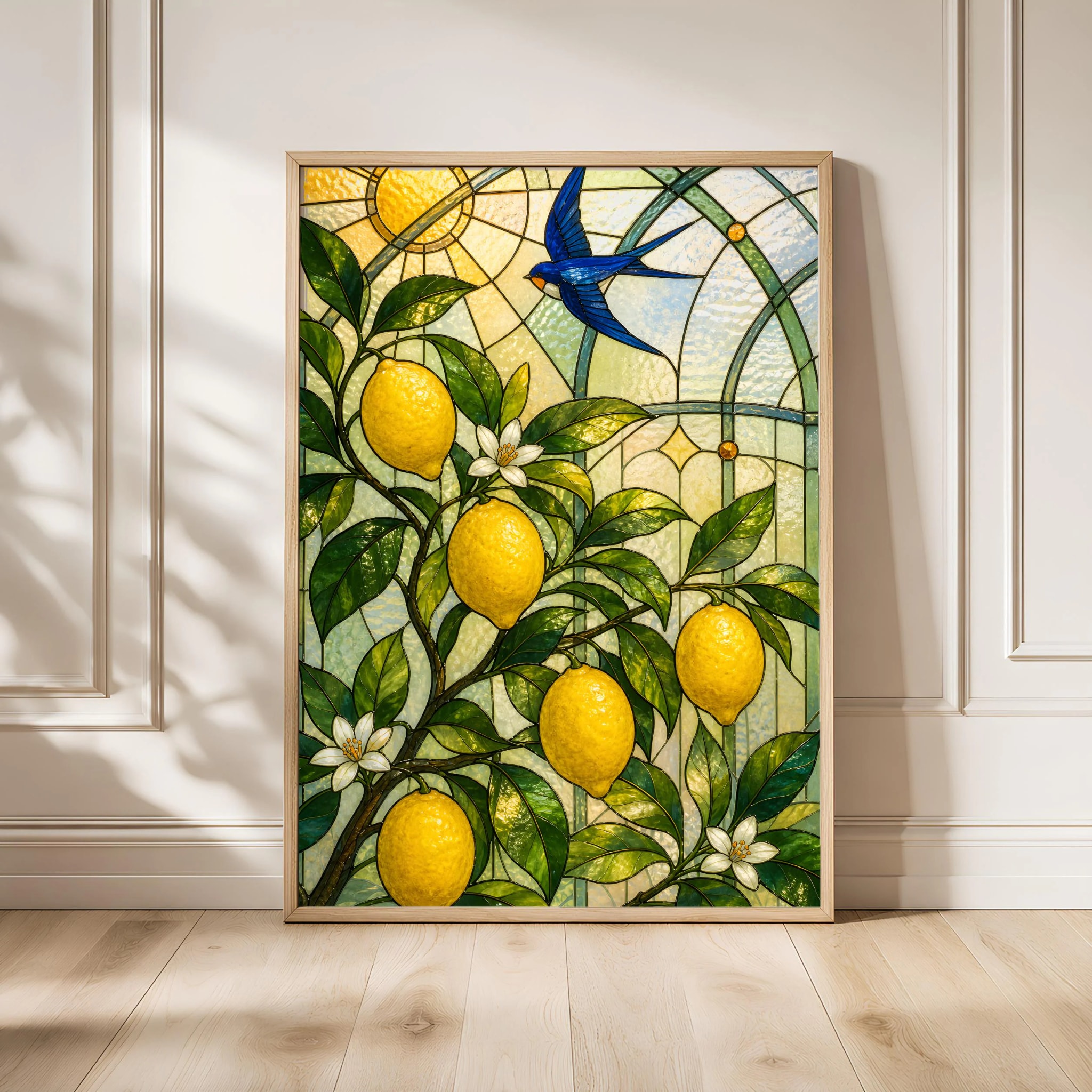 Lemon Tree Stained Glass Print, Botanical Conservatory Wall Art, Swallow Bird Poster, Mediterranean Kitchen Decor, Housewarming Gift – Calm Wall Art by Artsify