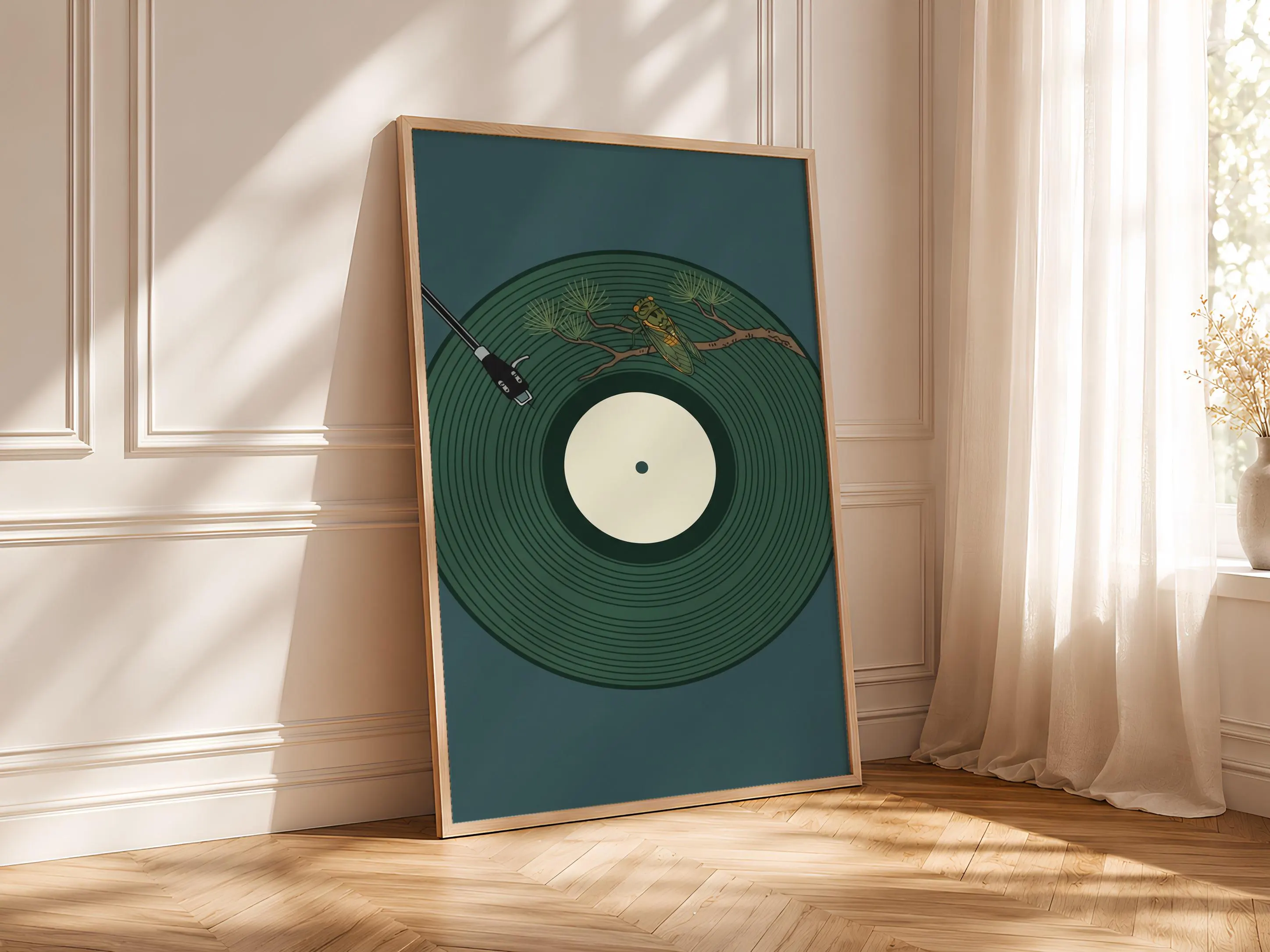 Cicada Vinyl Record Print, Japanese Summer Music Poster, Forest Green Wall Art, Zen Gift – Calm Wall Art by Artsify thumbnail 4