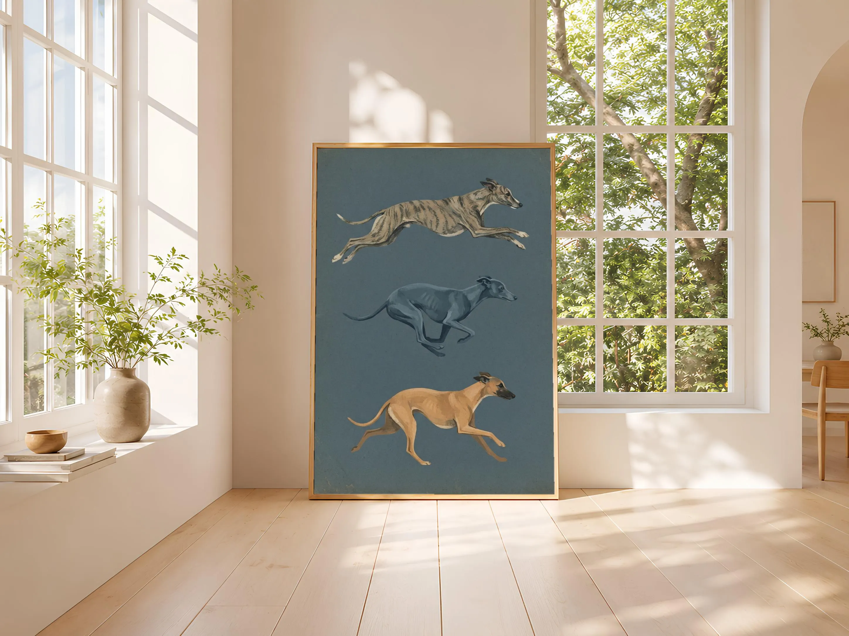 Whippet Wall Art, Dusty Blue Minimalist Dog Painting, Vintage Sighthound Print, Housewarming Gift – Calm Wall Art by Artsify thumbnail 3