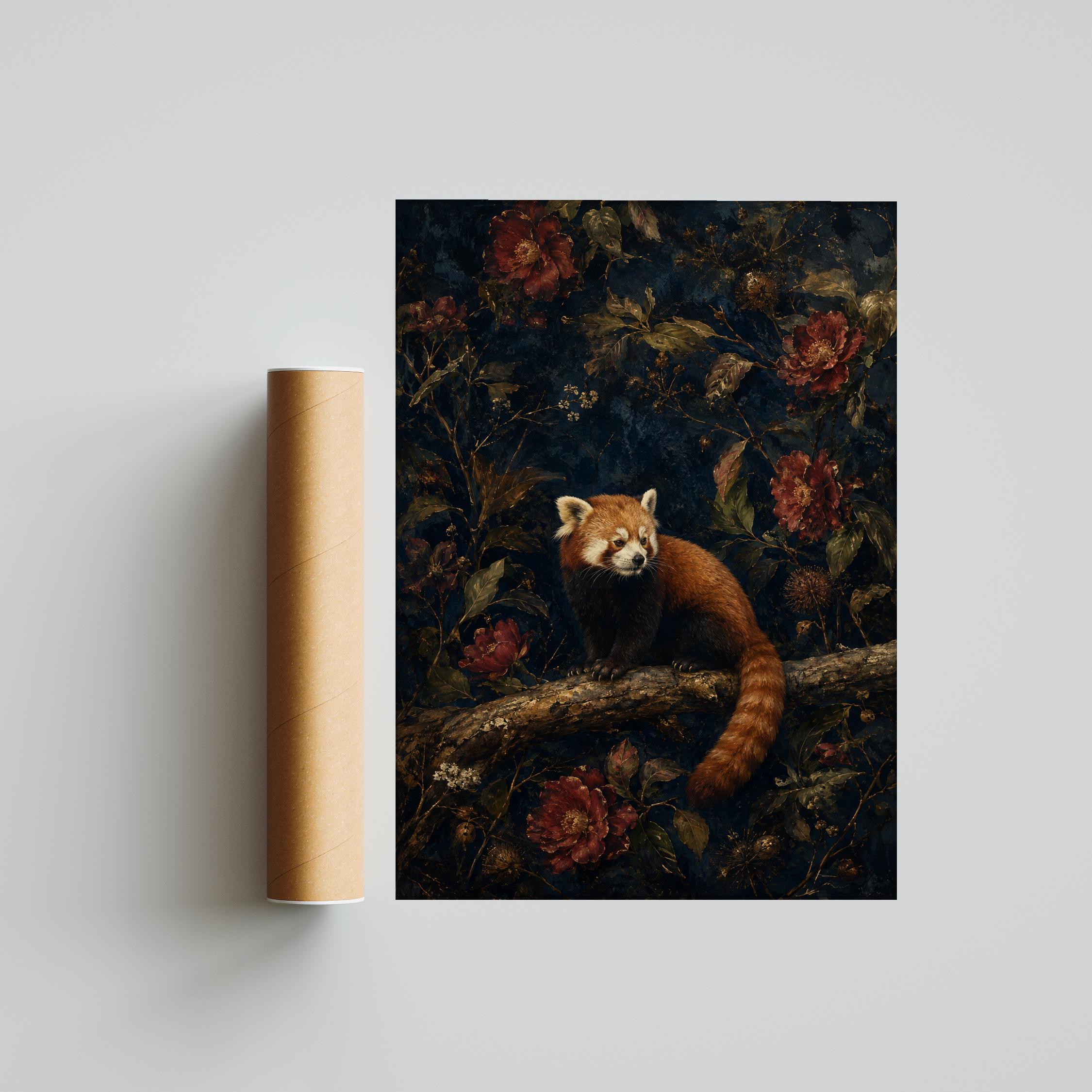 Red Panda Wall Art, Dark Botanical Oil Painting – Calm Wall Art by Artsify thumbnail 5