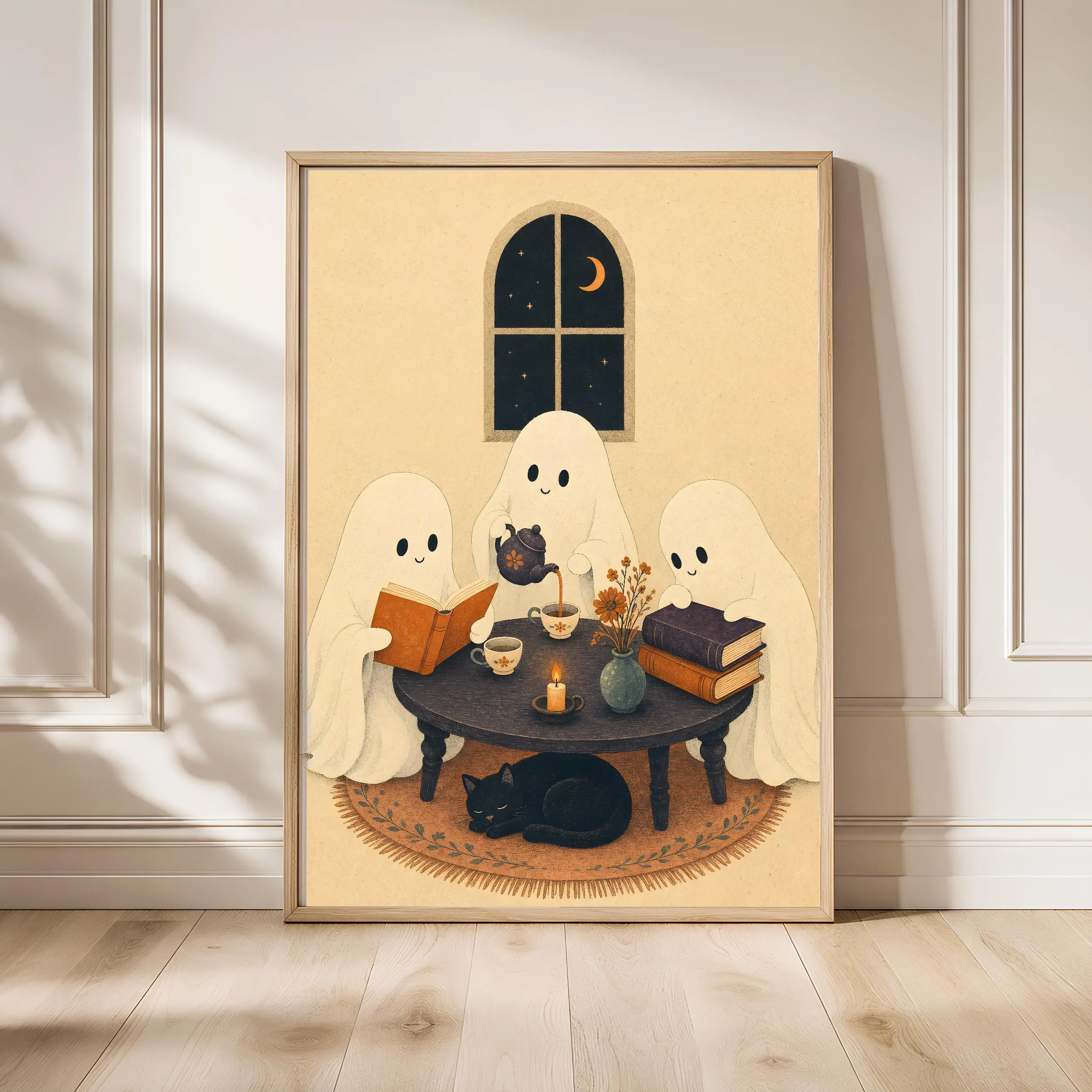 Ghost Book Club Print, Cute Halloween Wall Art, Cozy Spooky Poster, Black Cat Decor, Housewarming Gift – Calm Wall Art by Artsify