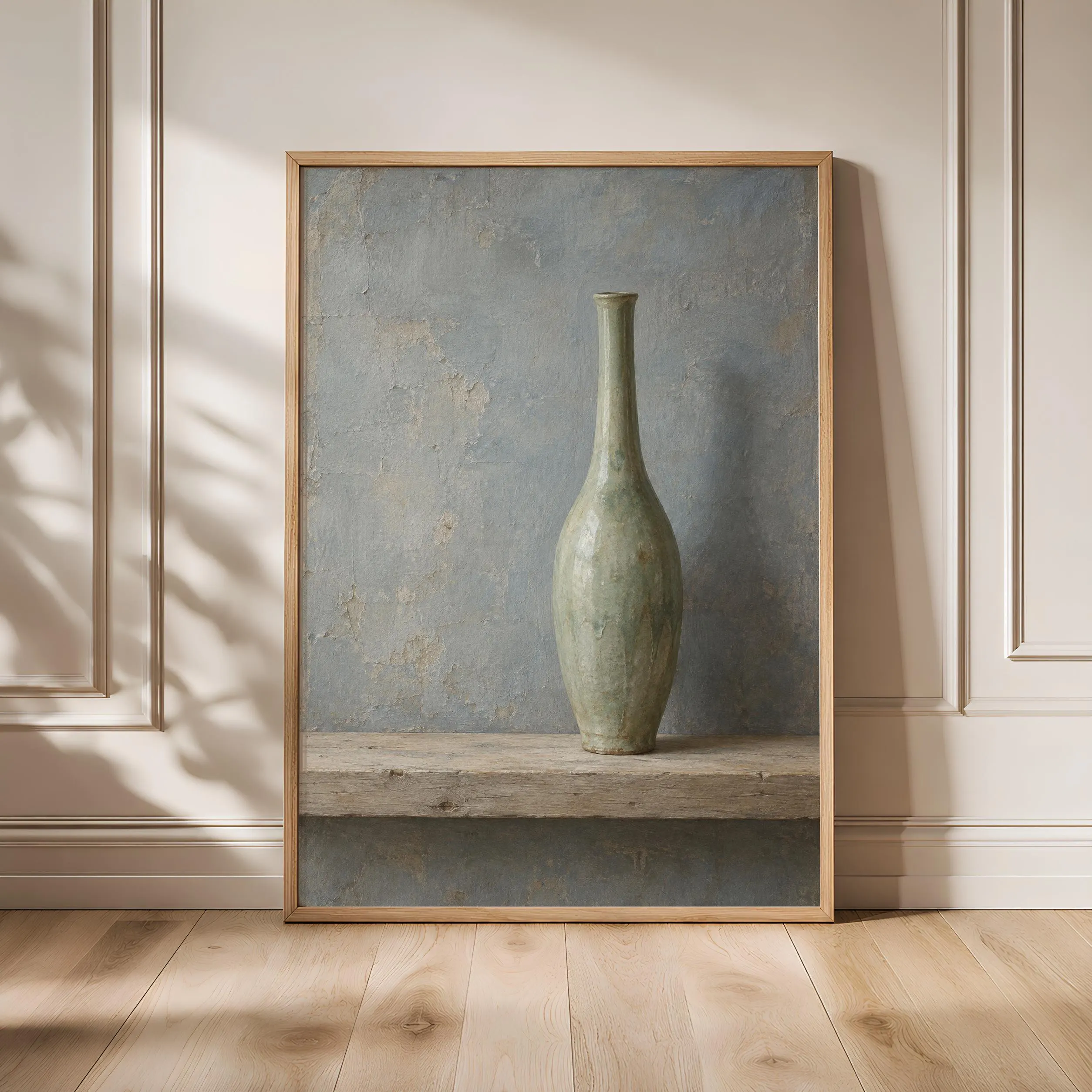 Sage Green Vase Wall Art, Minimal Japandi Pottery Painting, Celadon Bottle Decor – Calm Wall Art by Artsify