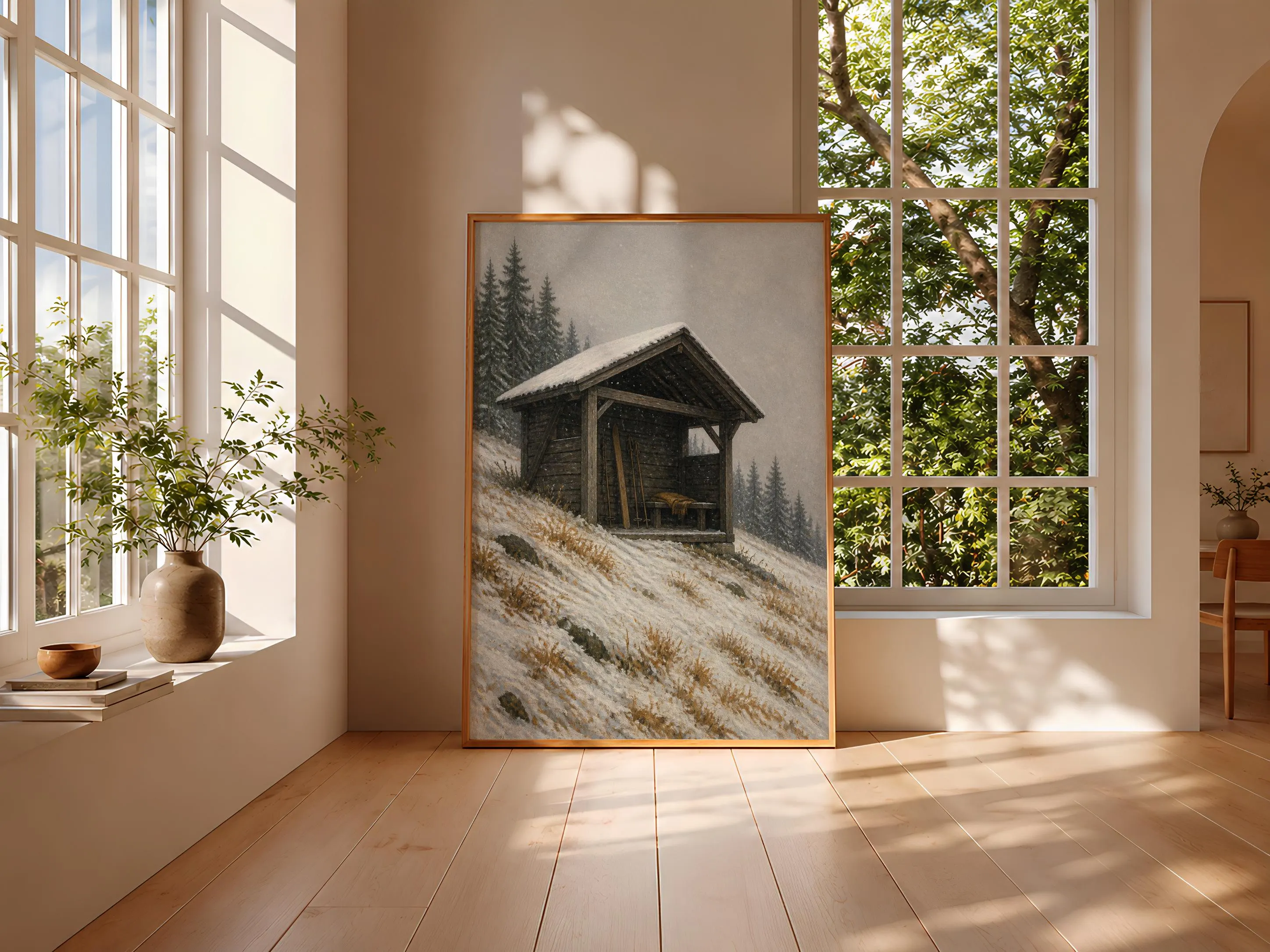 Wooden Ski Shelter Wall Art, Realist Oil Painting Winter Cabin, Snowy Grey Alpine Decor Print – Calm Wall Art by Artsify thumbnail 3