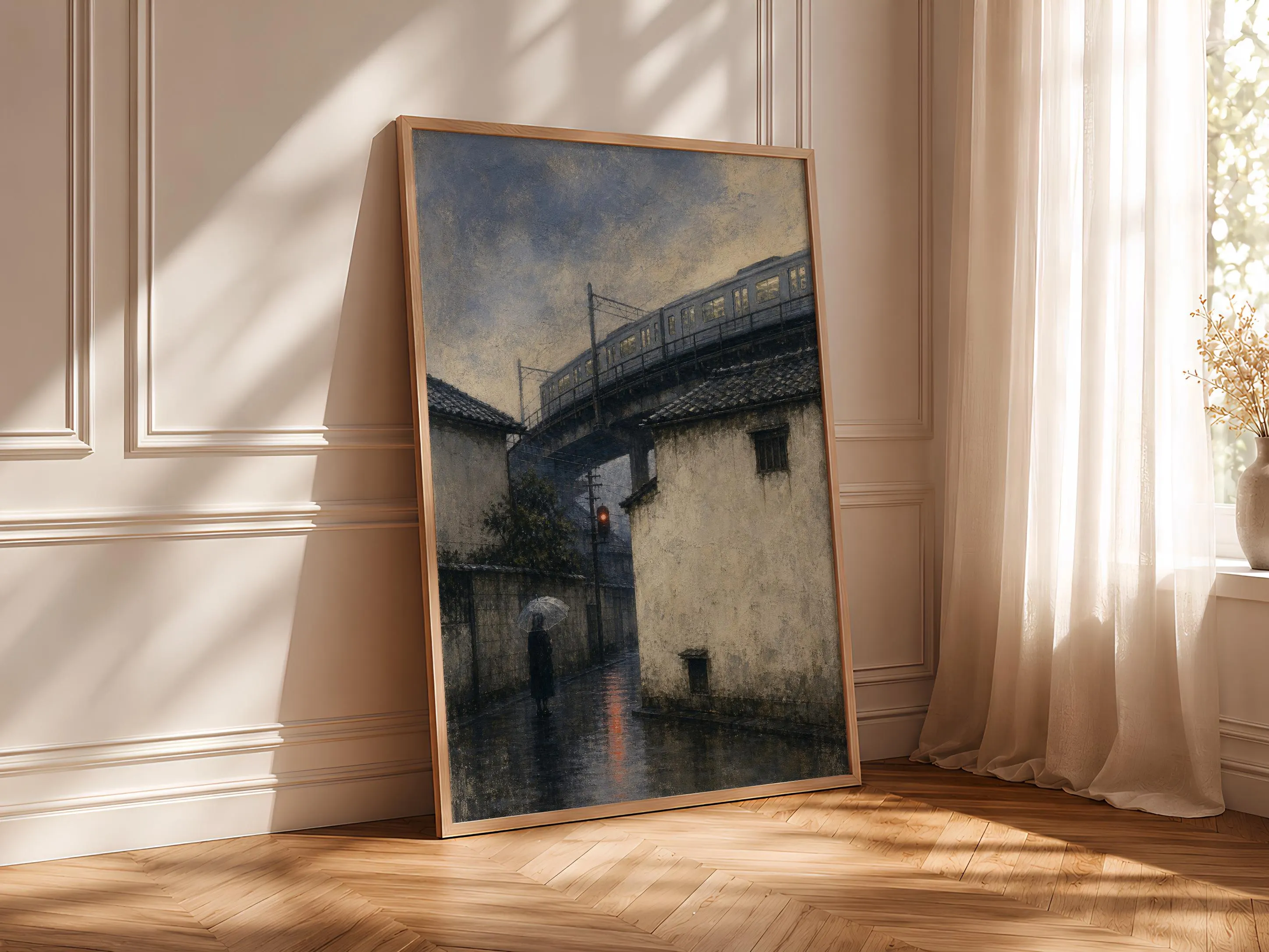 Tokyo Rain Painting Print, Japanese Cityscape Wall Art, Vintage Train Poster, Urban Night Decor, Housewarming Gift – Calm Wall Art by Artsify thumbnail 4