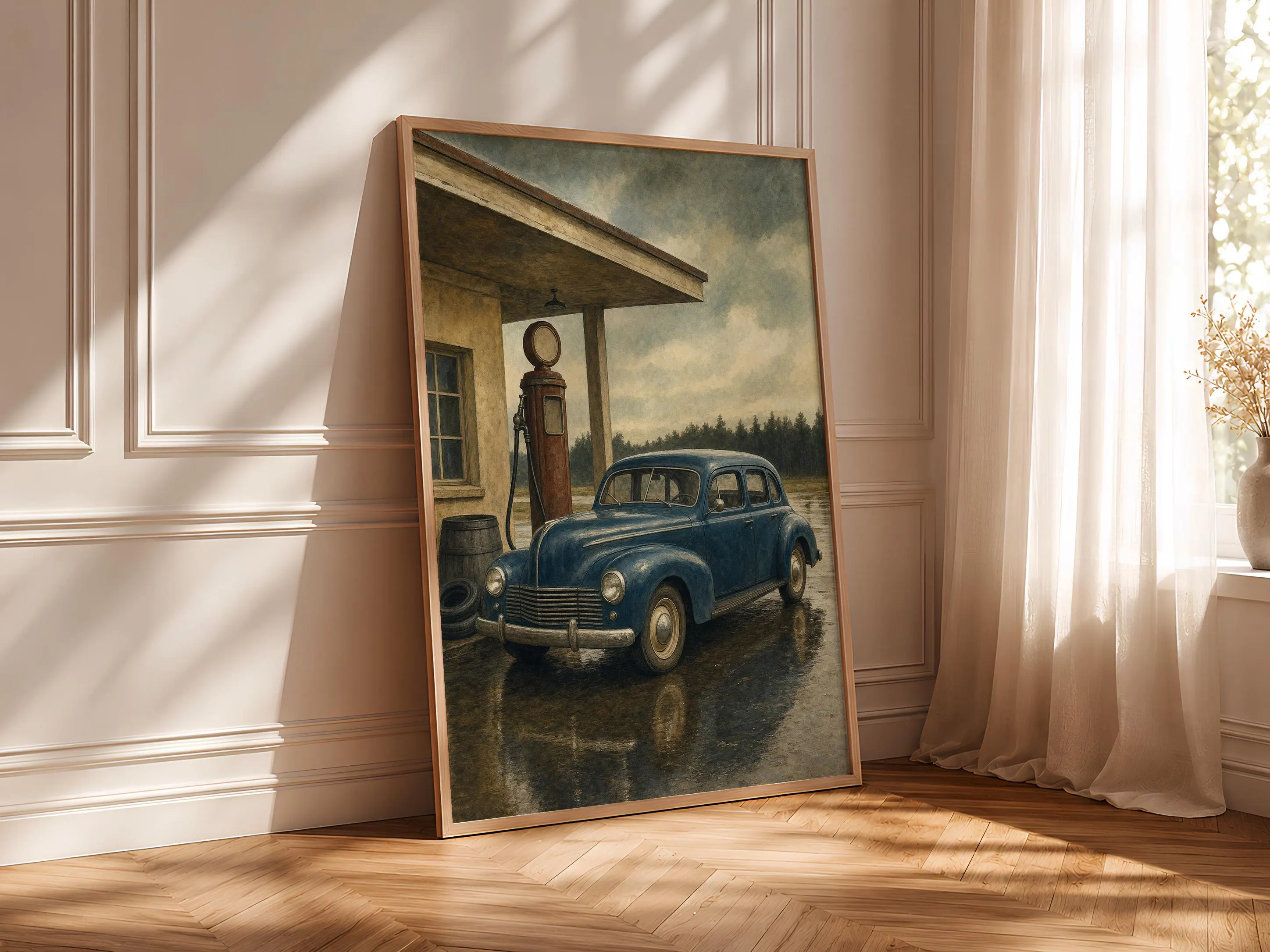 Vintage Gas Station Print, Classic Car Garage Wall Art, Rainy Roadside Poster, Petrol Blue Decor, Housewarming Gift – Calm Wall Art by Artsify thumbnail 4