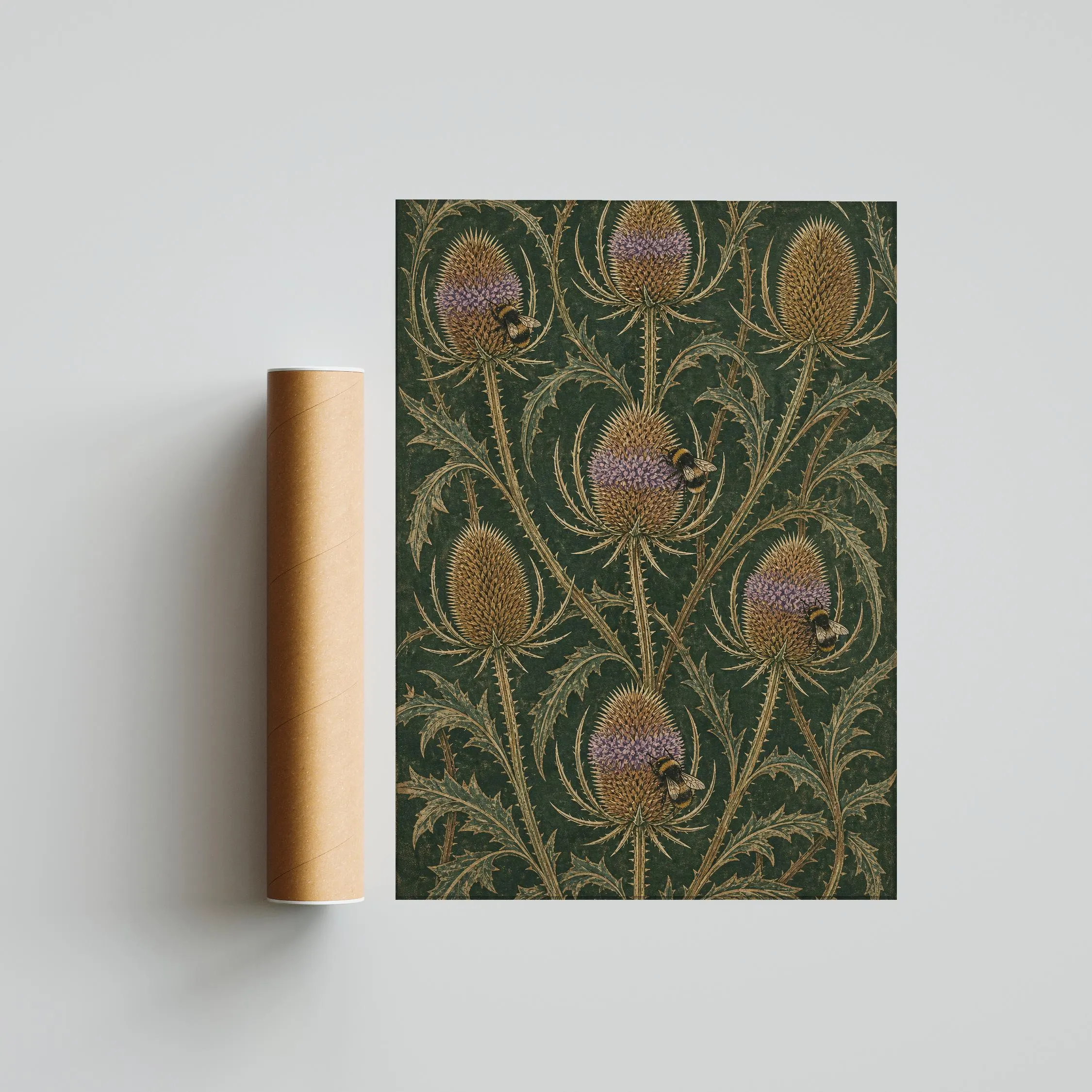 Teasel Botanical Print, William Morris Style Wall Art, Bumblebee Garden Poster, Moss Green Cottagecore Decor, Housewarming Gift – Calm Wall Art by Artsify thumbnail 5