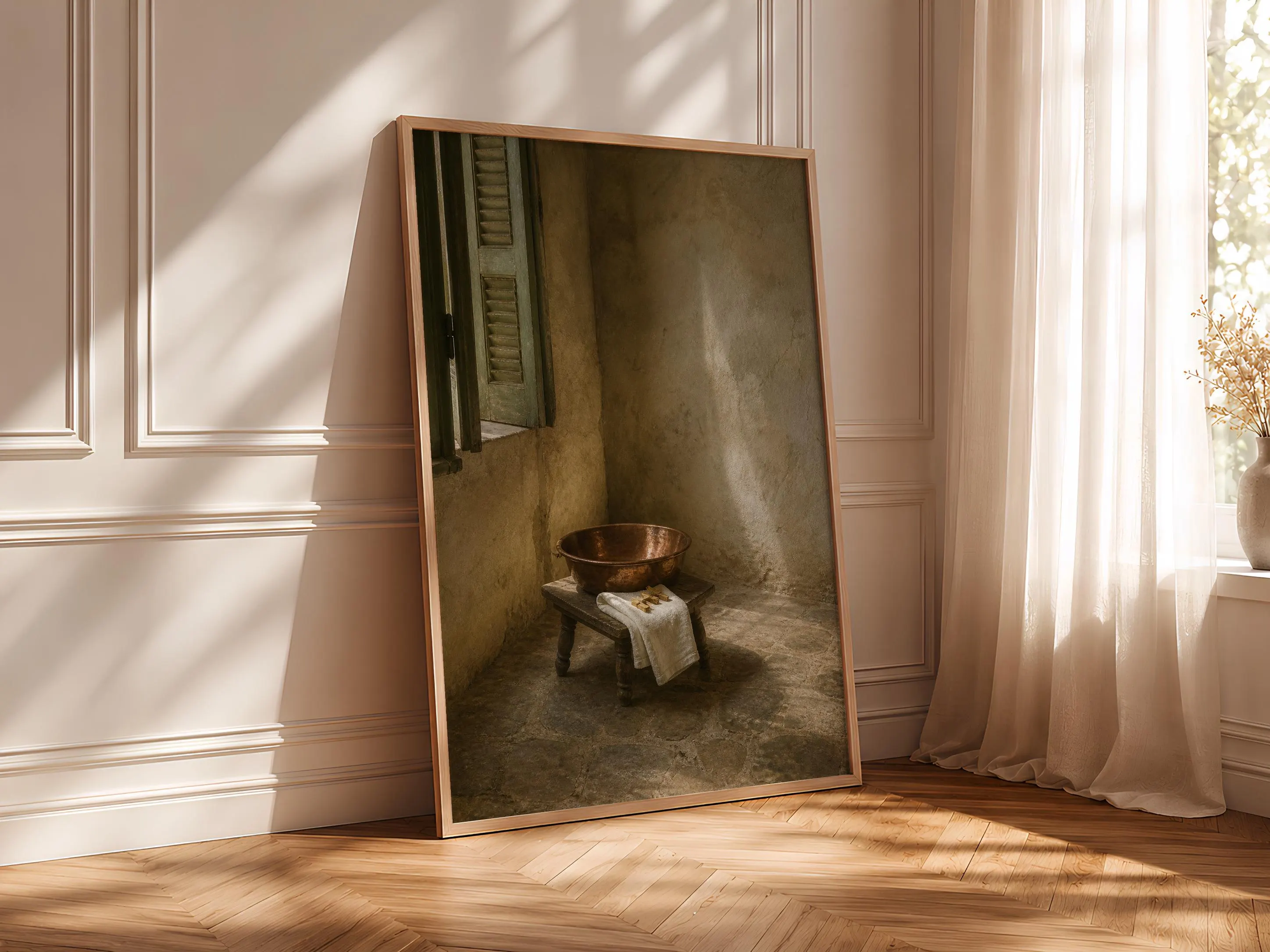 Copper Wash Basin Wall Art, Rustic Laundry Room Oil Painting, Old World Still Life – Calm Wall Art by Artsify thumbnail 4