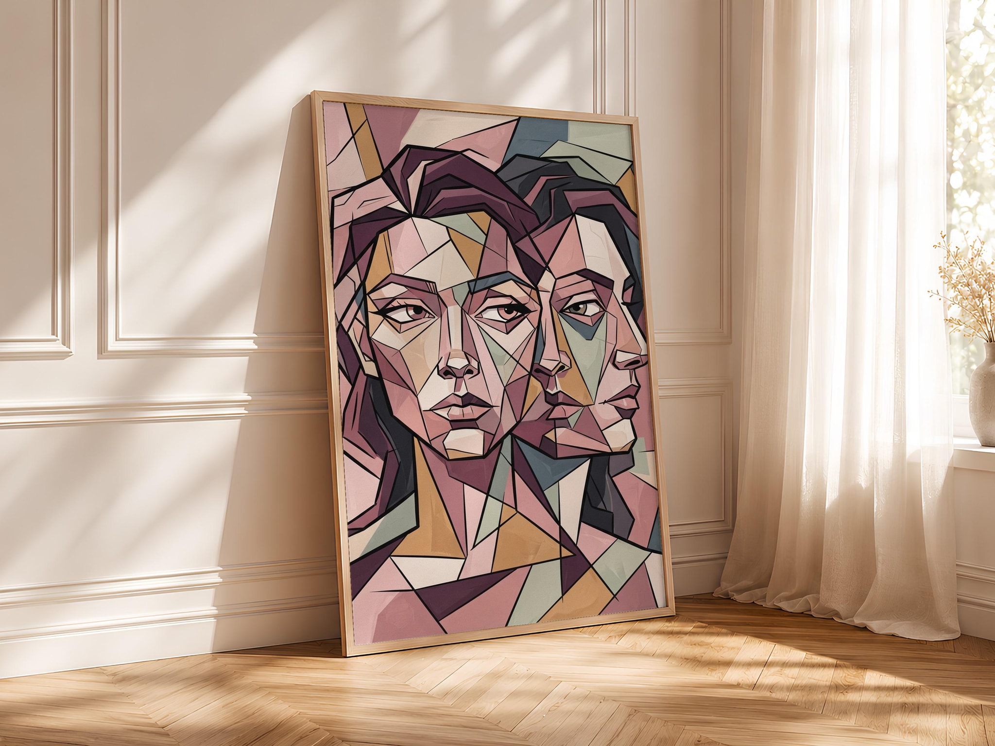 Cubist Duo Portrait Print, Abstract Geometric Faces Poster, Blush Wall Art, Modern Art Gift – Calm Wall Art by Artsify thumbnail 4